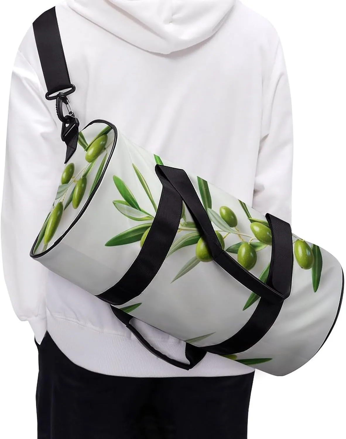 Green Olive Branch Travel Gym Bag for Women Men Ultra Realistic Cylindrical Duffle Bag Sport Workout Bag with Shoulder Strap