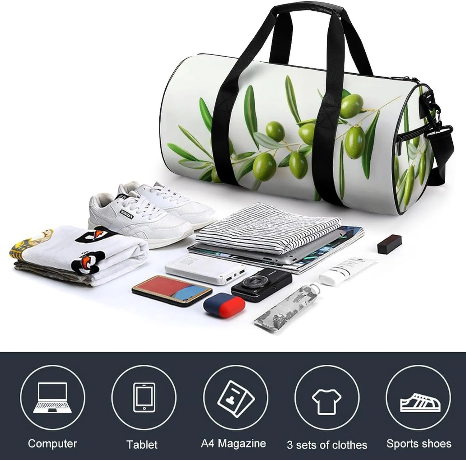 Green Olive Branch Travel Gym Bag for Women Men Ultra Realistic Cylindrical Duffle Bag Sport Workout Bag with Shoulder Strap