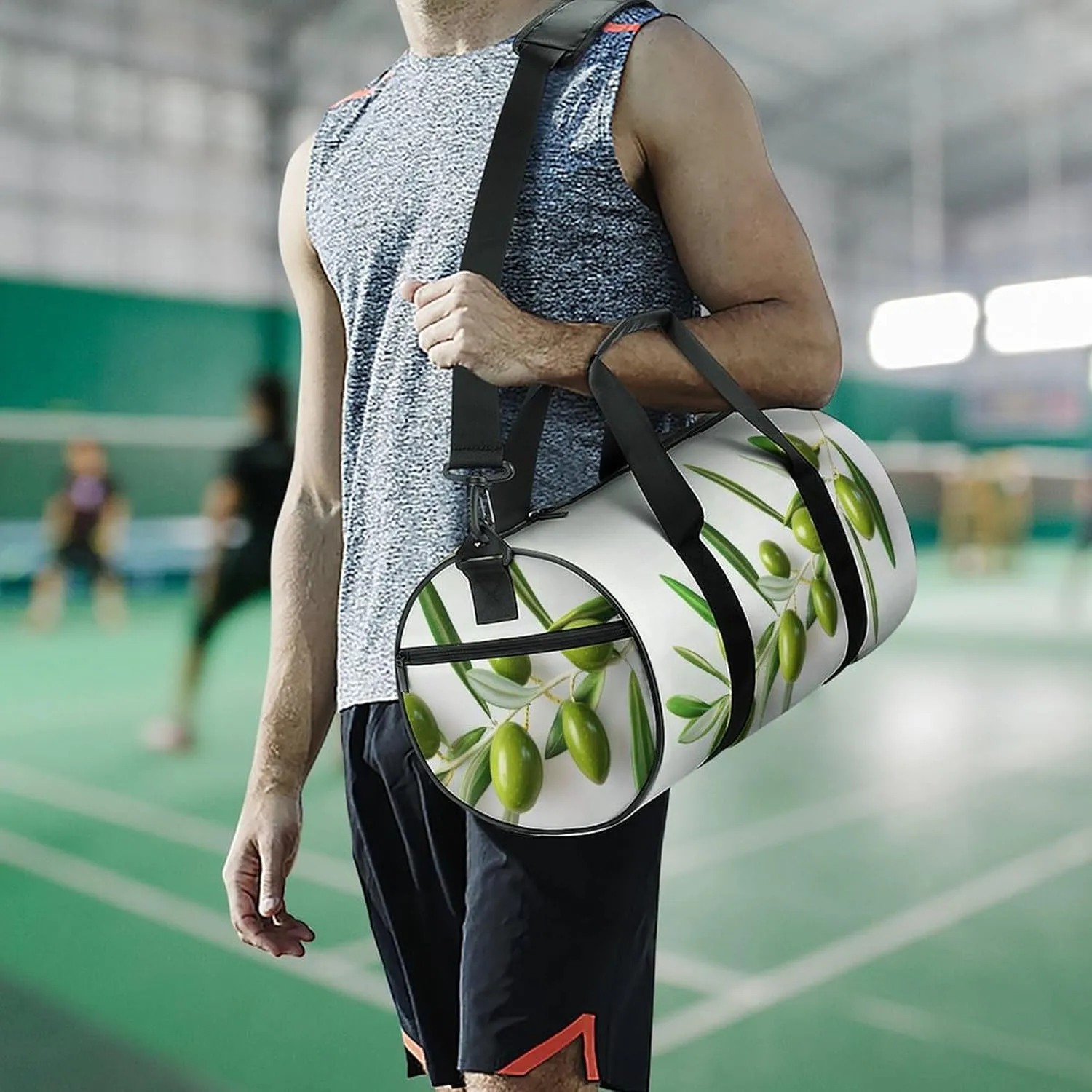 Green Olive Branch Travel Gym Bag for Women Men Ultra Realistic Cylindrical Duffle Bag Sport Workout Bag with Shoulder Strap