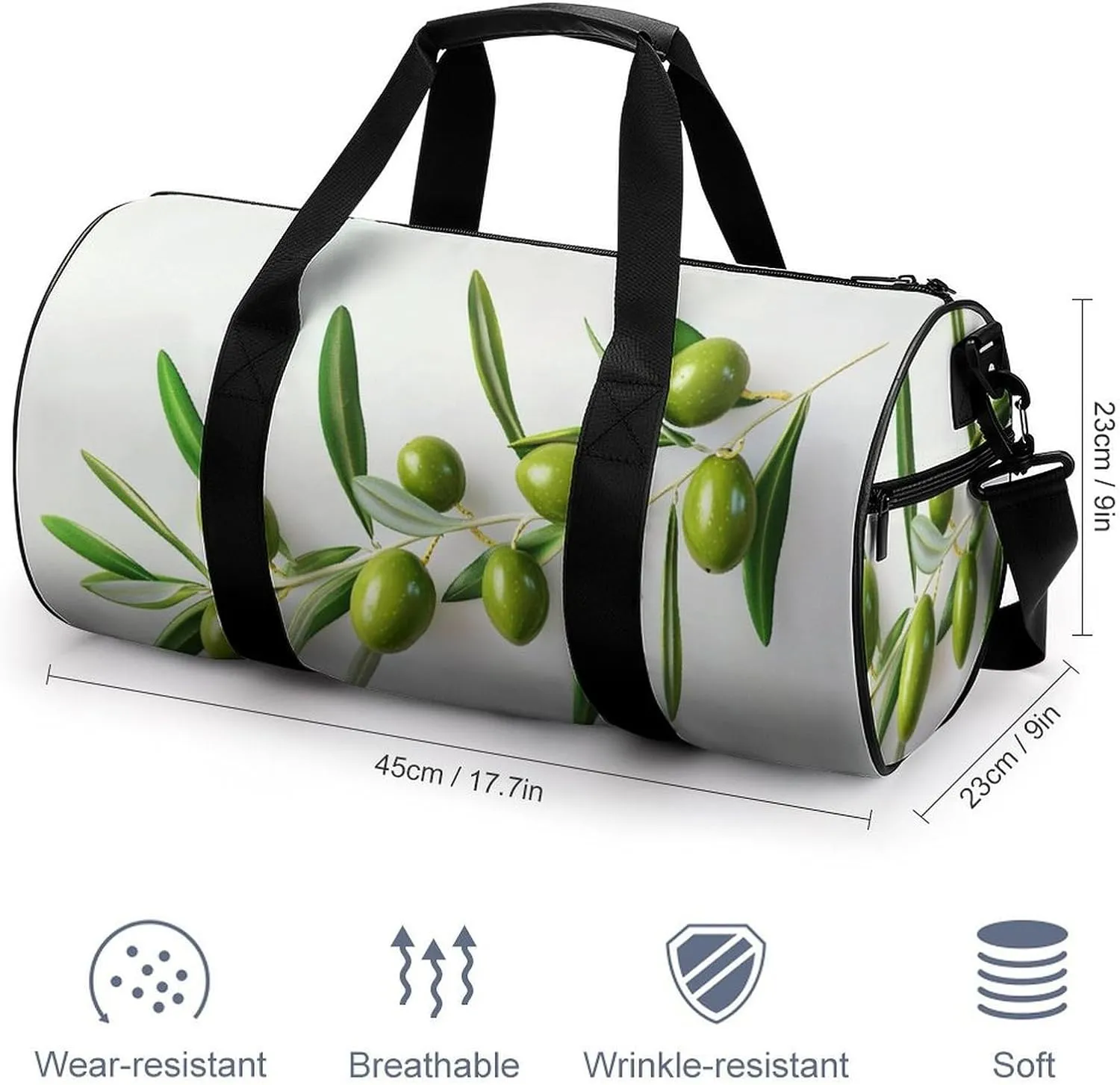 Green Olive Branch Travel Gym Bag for Women Men Ultra Realistic Cylindrical Duffle Bag Sport Workout Bag with Shoulder Strap