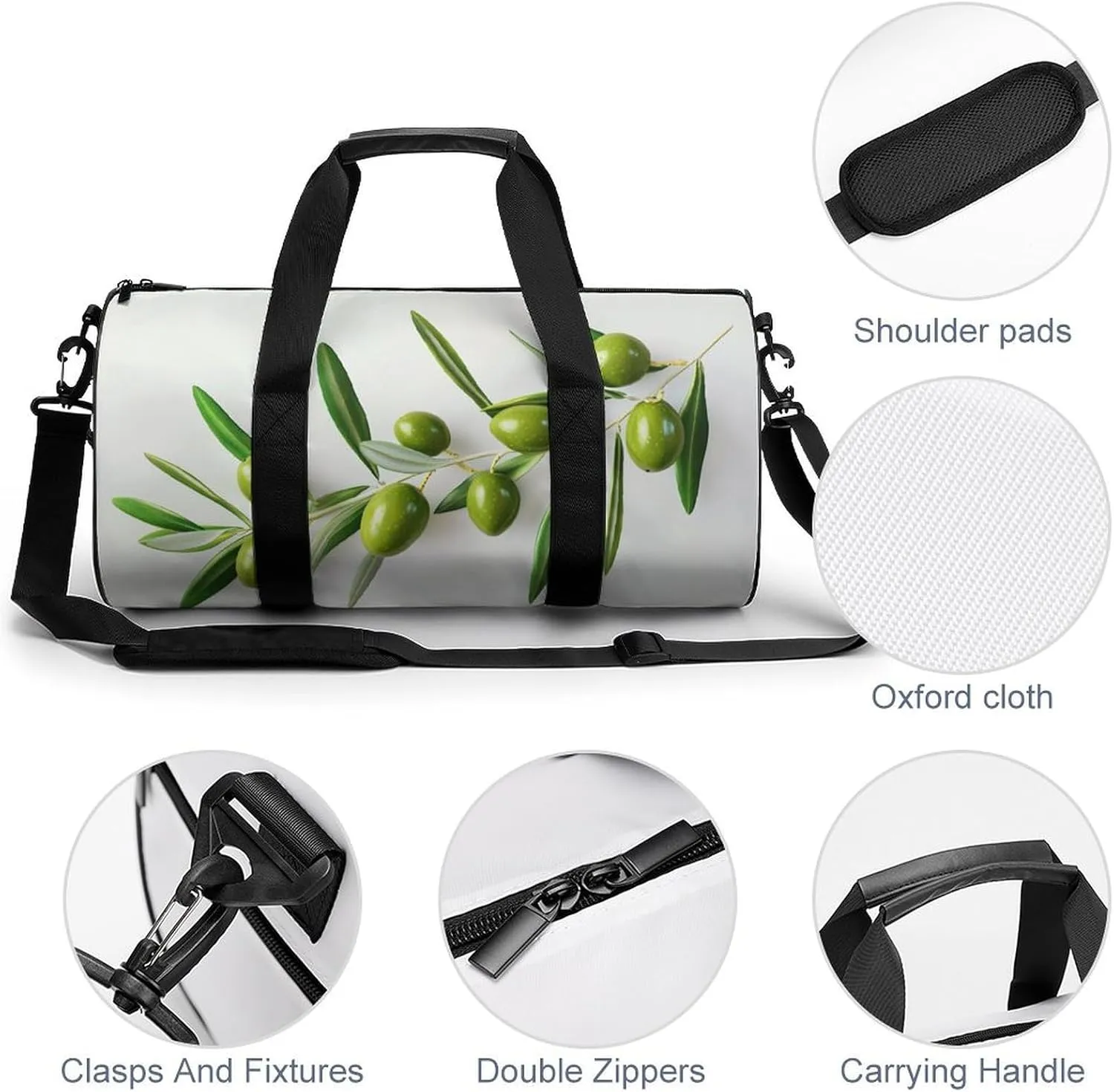Green Olive Branch Travel Gym Bag for Women Men Ultra Realistic Cylindrical Duffle Bag Sport Workout Bag with Shoulder Strap
