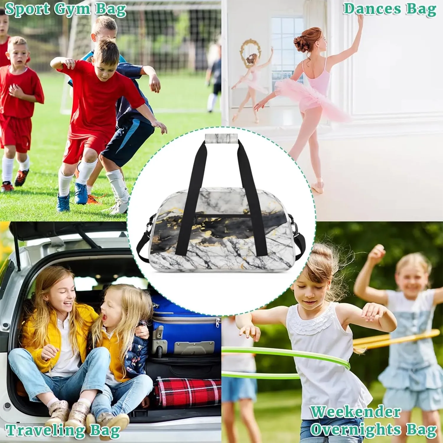 Grey Black Marble Small Gym Bag for Women Men, Travel Duffle Bag Workout Dance Tote Bag Carry On Overnight Weekender Bag