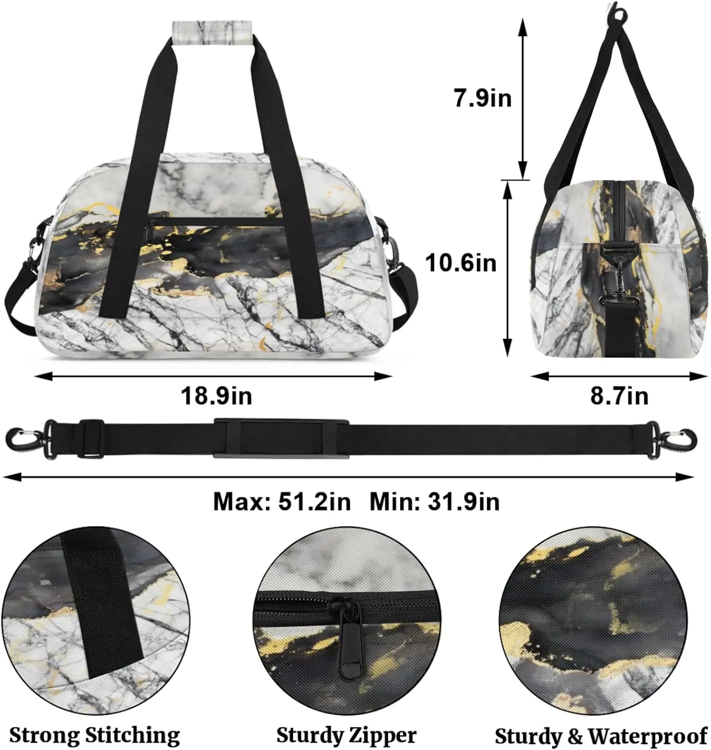 Grey Black Marble Small Gym Bag for Women Men, Travel Duffle Bag Workout Dance Tote Bag Carry On Overnight Weekender Bag