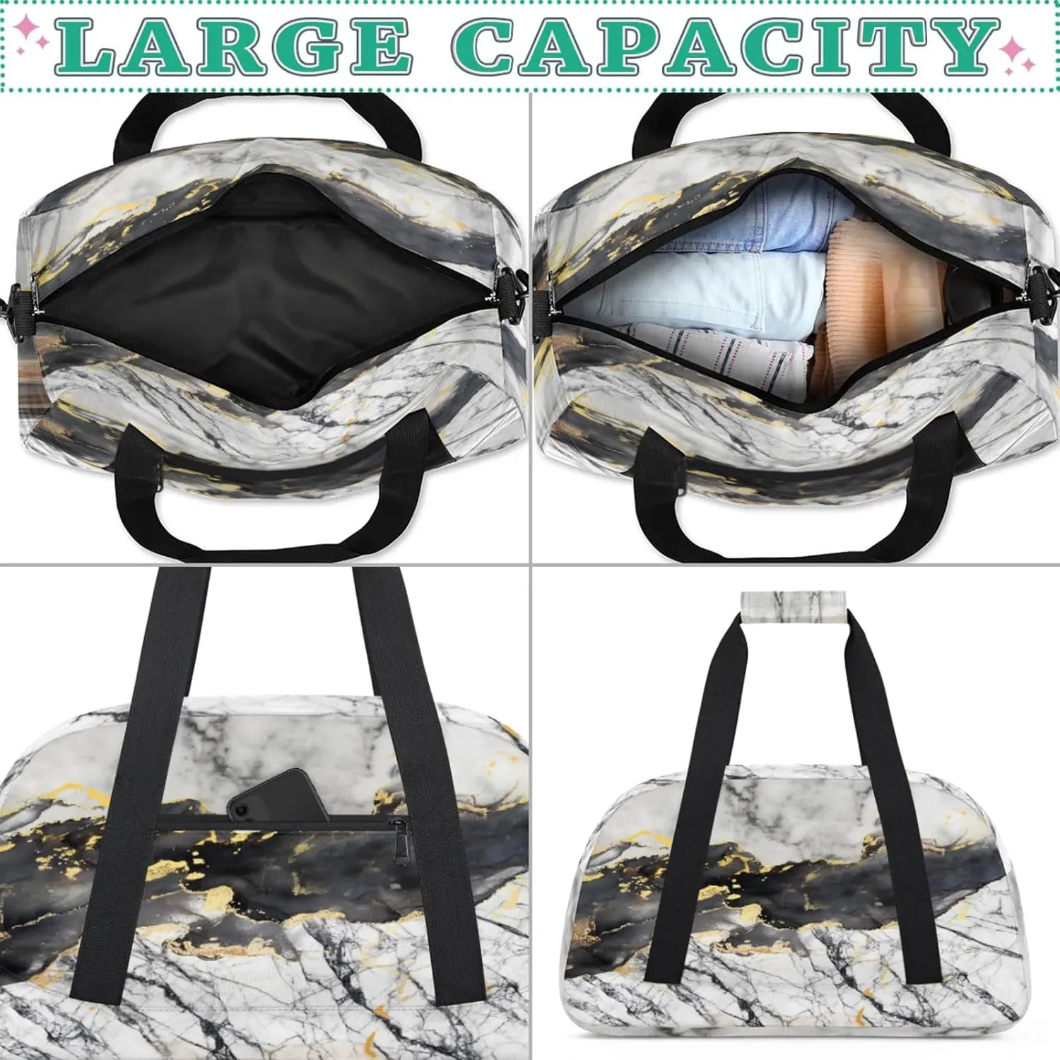 Grey Black Marble Small Gym Bag for Women Men, Travel Duffle Bag Workout Dance Tote Bag Carry On Overnight Weekender Bag