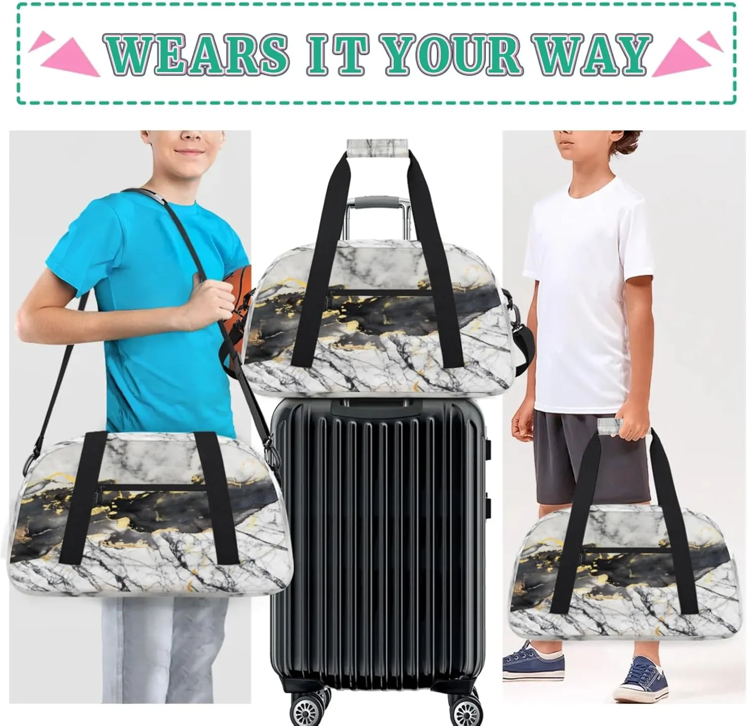Grey Black Marble Small Gym Bag for Women Men, Travel Duffle Bag Workout Dance Tote Bag Carry On Overnight Weekender Bag