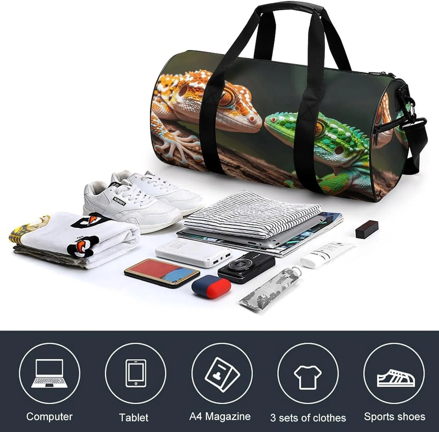 Gym Bags Small Two Geckos Duffel Bag Overnight Bag with Shoe Compartment Carryon Bag for Men Women