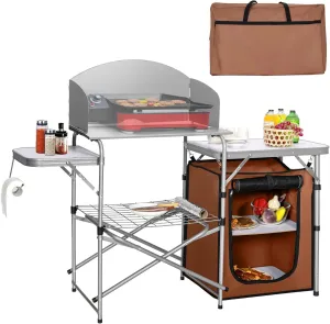 GYMAX Aluminum Portable Camping Kitchen, Folding Cooking Table with 26" Tabletop, Detachable Windscreen & Carrying Bag, Outdoor Grill Table for BBQ, Backyards