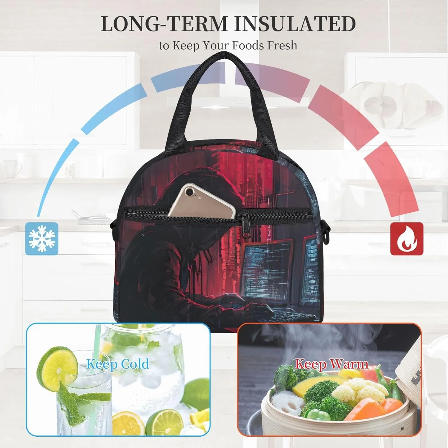 Hacker Attack Insulated Lunch Bag Lunch Box For Women Men Reusable Tote For Office Gym Outings