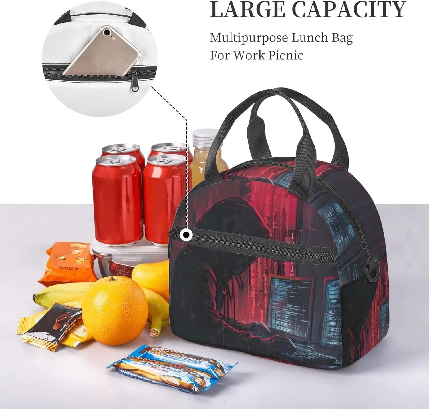 Hacker Attack Insulated Lunch Bag Lunch Box For Women Men Reusable Tote For Office Gym Outings