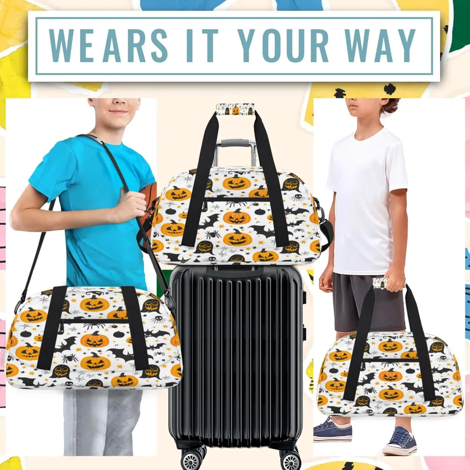 Halloween Pumpkin Bat Theme Small Gym Bag 18 inch Carry On Duffel Bag for Weekender Travel Sports Workout Yoga Gymnastics Dance Ballet