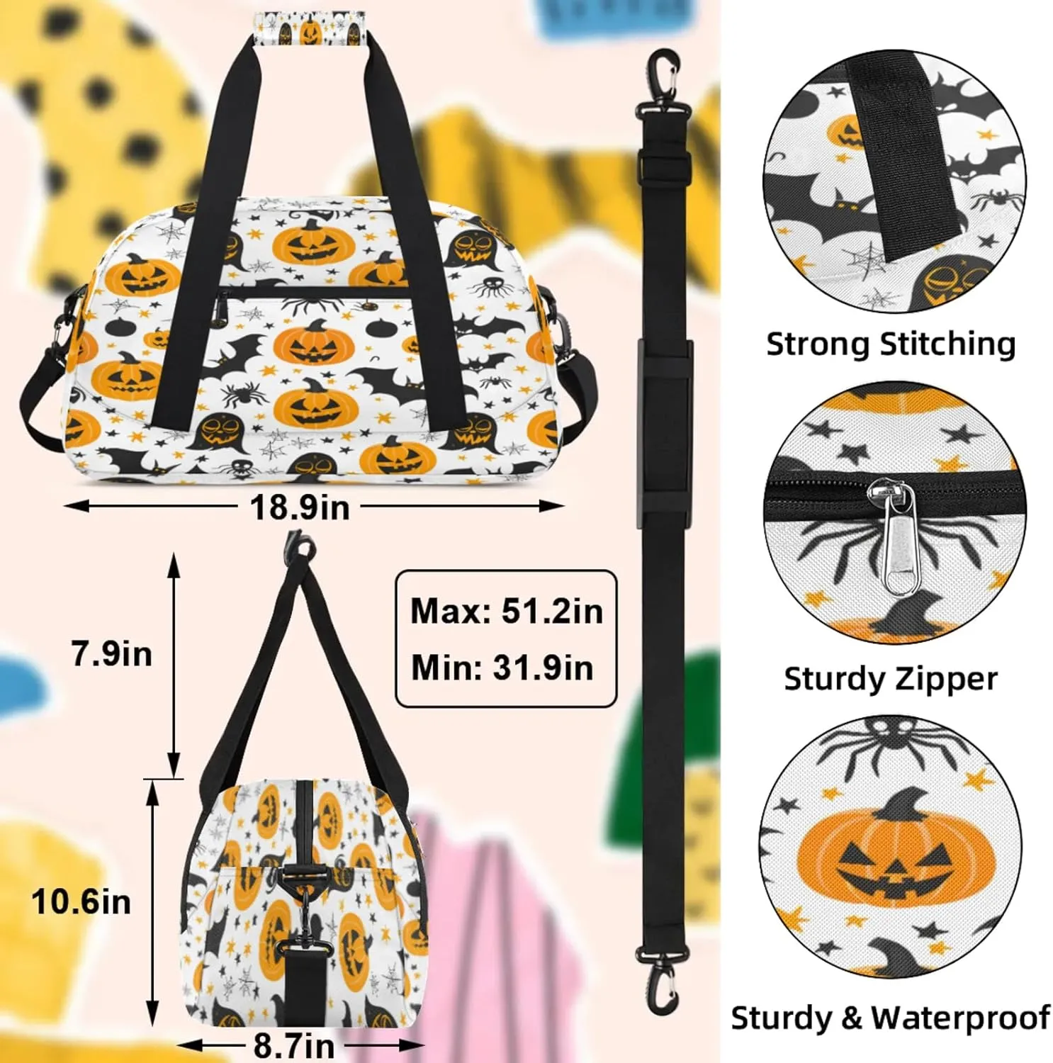Halloween Pumpkin Bat Theme Small Gym Bag 18 inch Carry On Duffel Bag for Weekender Travel Sports Workout Yoga Gymnastics Dance Ballet