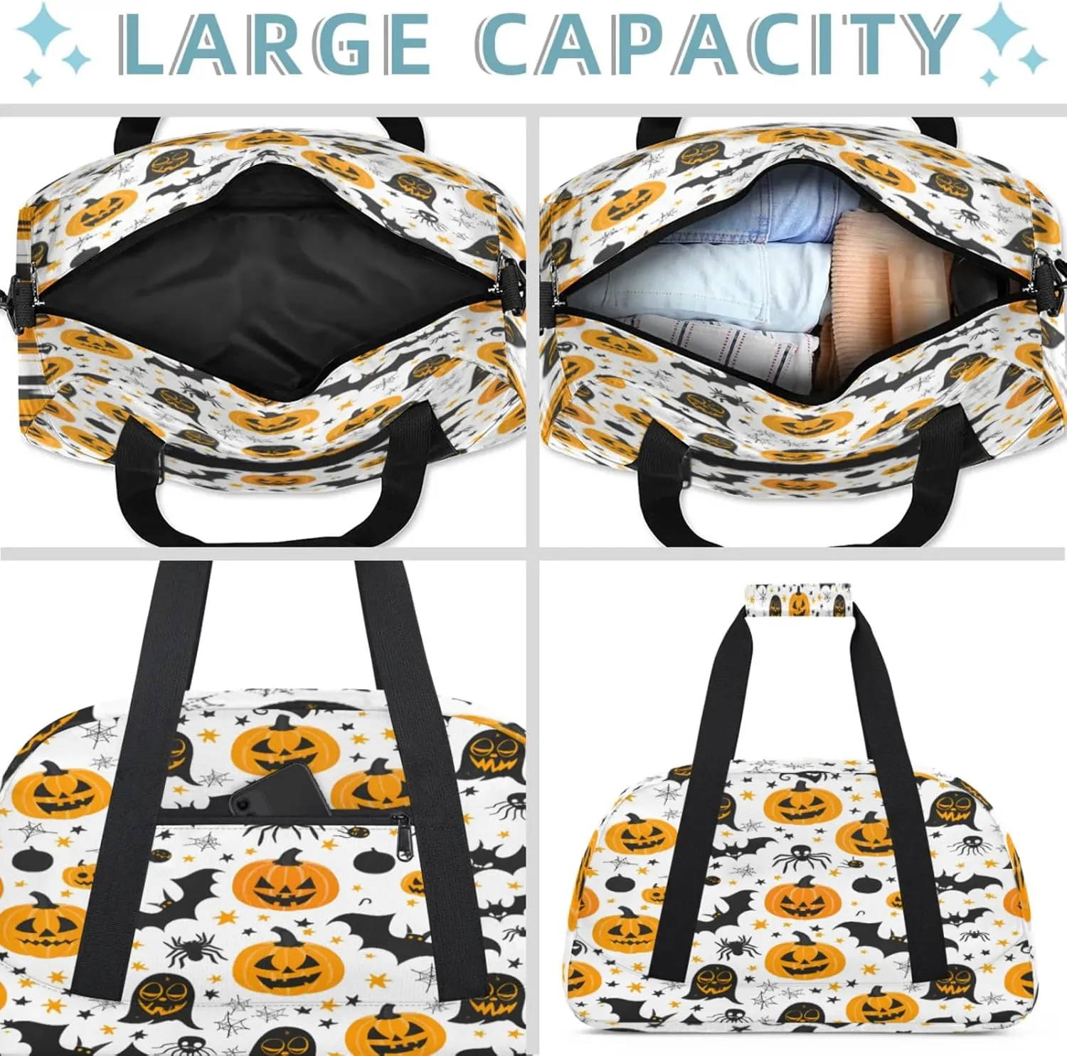 Halloween Pumpkin Bat Theme Small Gym Bag 18 inch Carry On Duffel Bag for Weekender Travel Sports Workout Yoga Gymnastics Dance Ballet