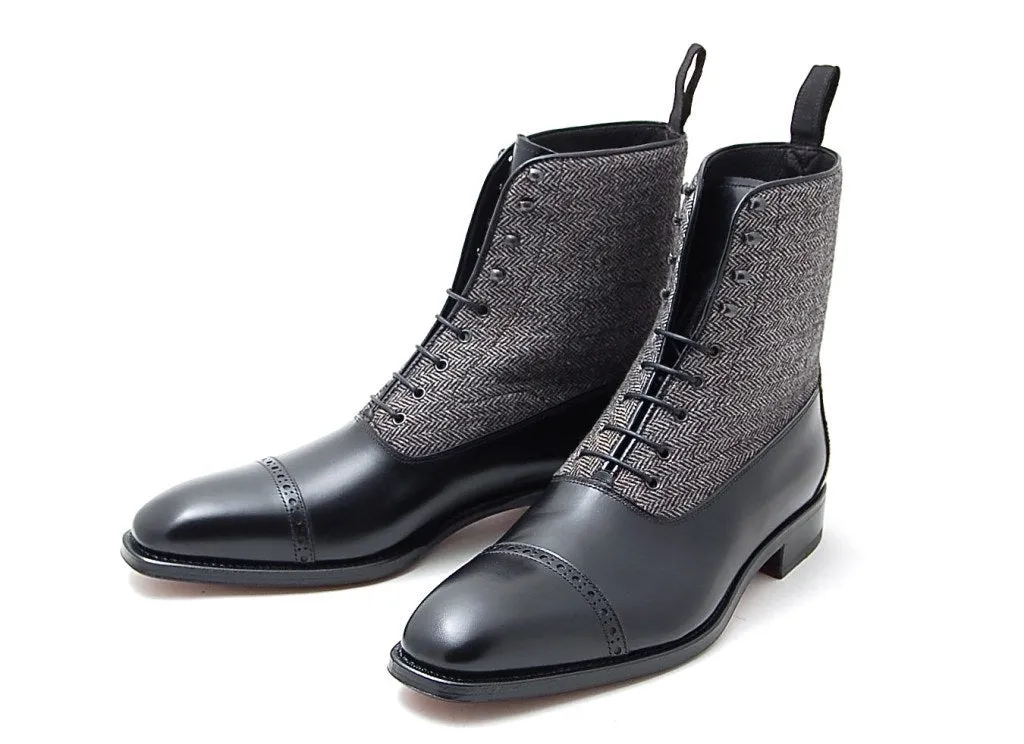 Handmade Two Tone Cap Toe Boots for Men - Black and Gray Ankle Lace Ups
