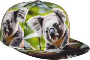 Happy Cute Koala Outdoor Sports Baseball Cap, Daily Sports Adjustable Fashionable Flat Brim hat, Unisex Four-Season Outdoor Sports Cap, Black