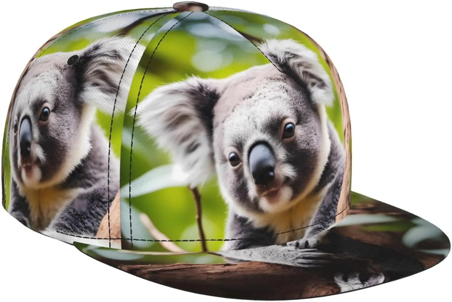 Happy Cute Koala Outdoor Sports Baseball Cap, Daily Sports Adjustable Fashionable Flat Brim hat, Unisex Four-Season Outdoor Sports Cap, Black