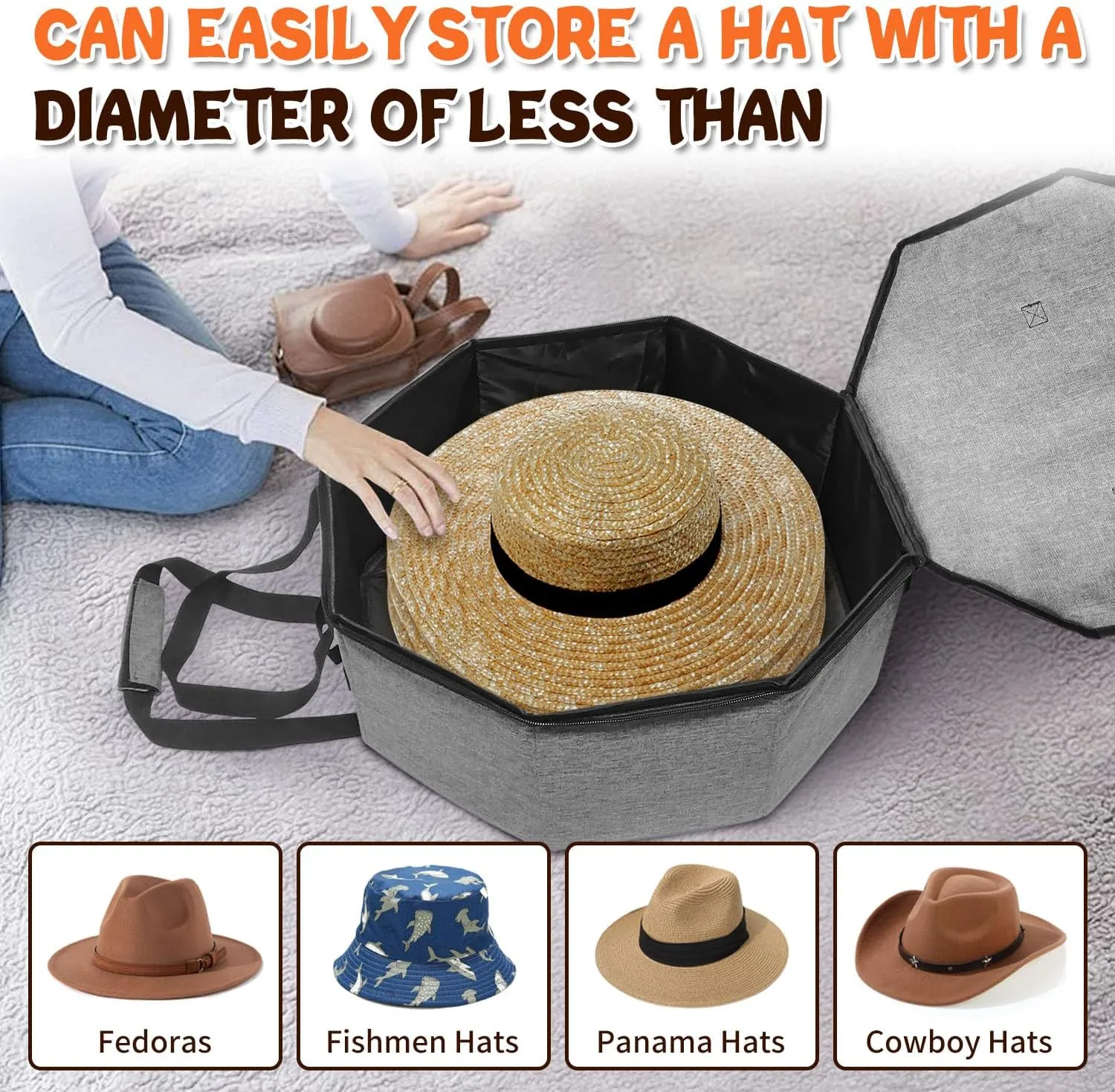 Hat Storage Box for Women and Men, Hat Storage bag for Travel Collapsible, Cowboy Hat Case with Handle, Hat Organizer Container Large Cap Bag for Carry (Grey)