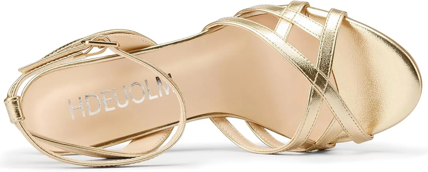 HDEUOLM Womens Stiletto High Heel Round Toe Strappy Sandals Slingback Ankle Strap Wedding Dress 3.9 Inches Heels