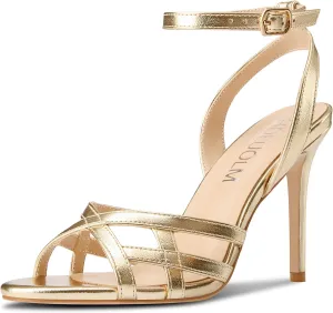 HDEUOLM Womens Stiletto High Heel Round Toe Strappy Sandals Slingback Ankle Strap Wedding Dress 3.9 Inches Heels