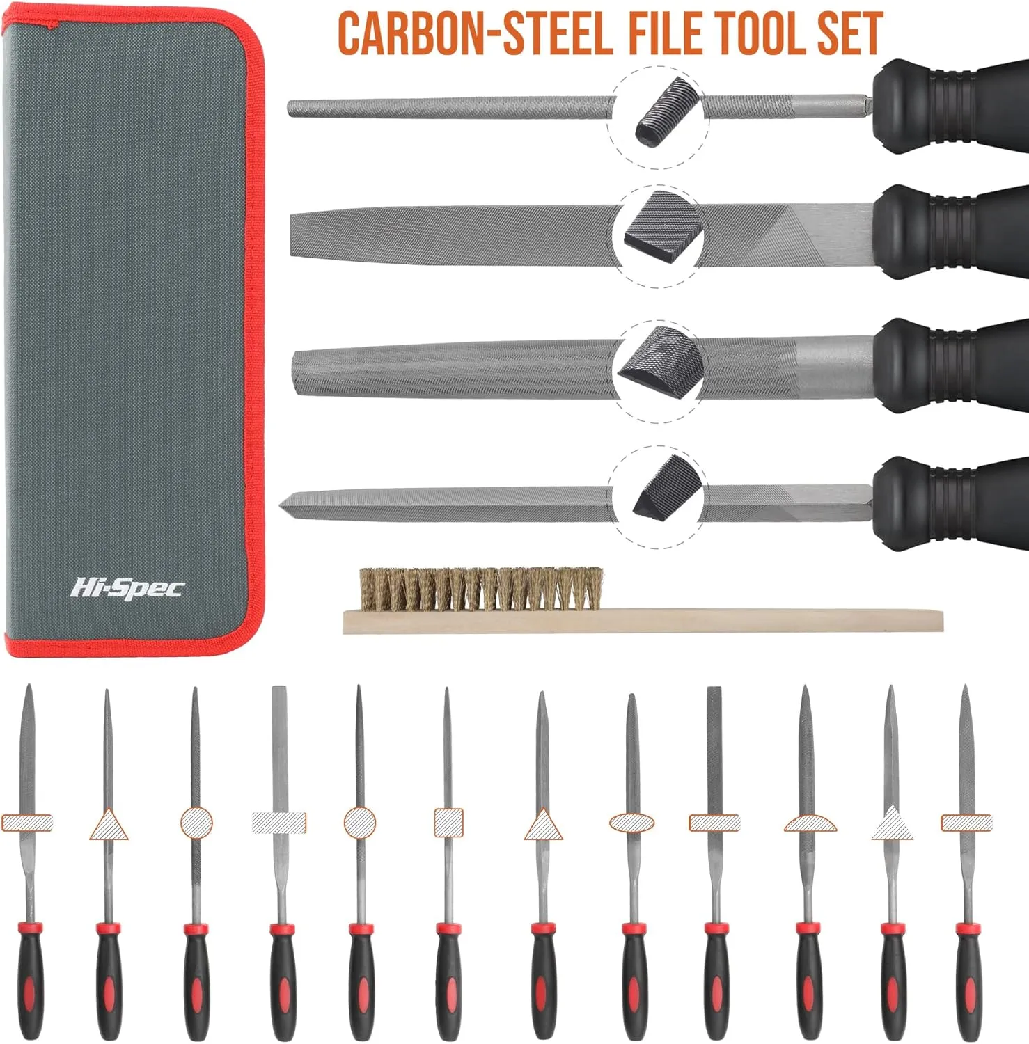 Hi-Spec 17 Piece Metal Hand & Needle File Tool Kit Set. Large & Small Mini T12 Carbon Steel Flat, Half-Round, Round & Triangle Files. Complete in a Zipper Case with a Brush