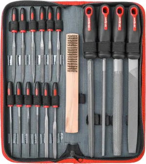 Hi-Spec 17 Piece Metal Hand & Needle File Tool Kit Set. Large & Small Mini T12 Carbon Steel Flat, Half-Round, Round & Triangle Files. Complete in a Zipper Case with a Brush