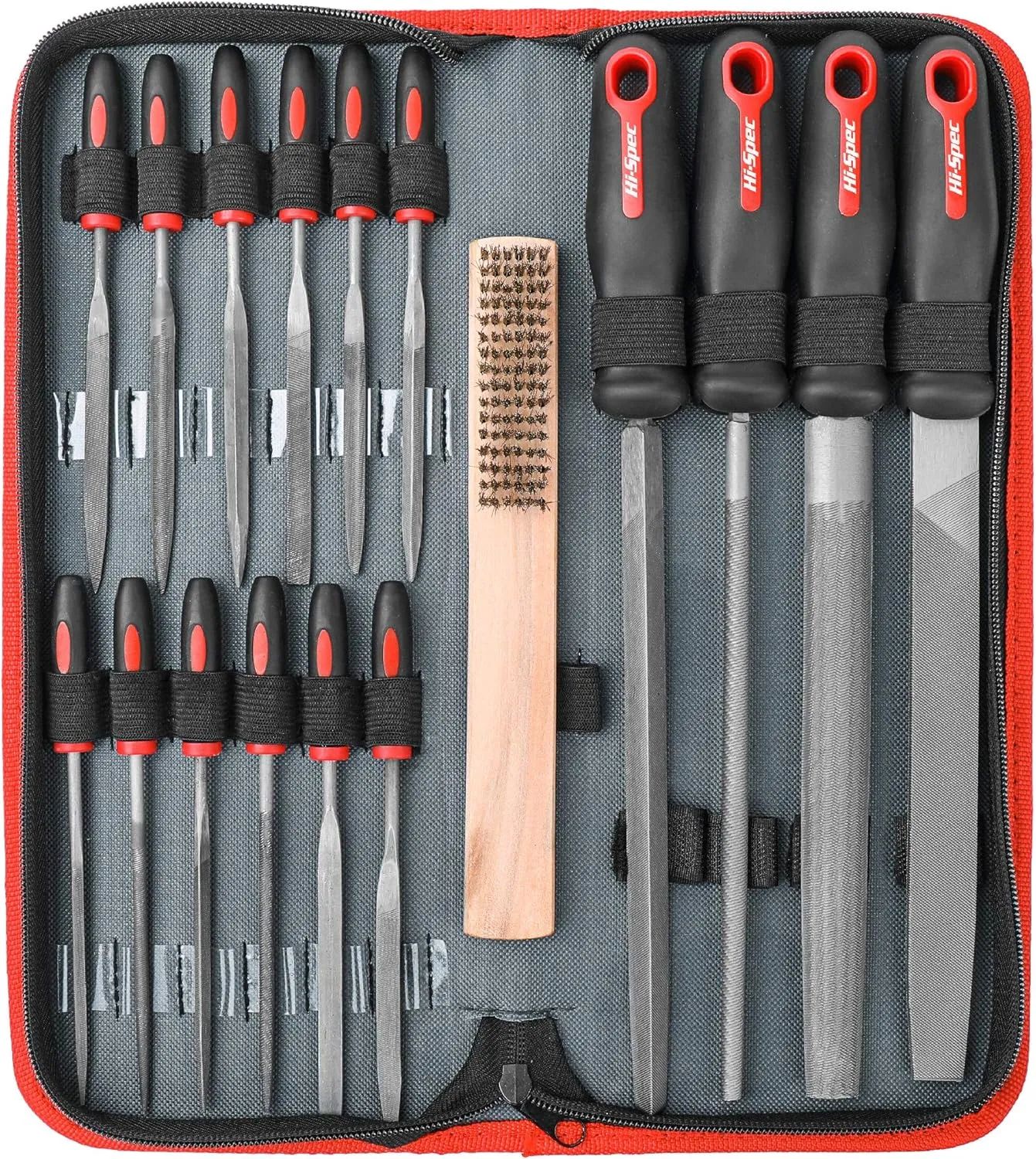 Hi-Spec 17 Piece Metal Hand & Needle File Tool Kit Set. Large & Small Mini T12 Carbon Steel Flat, Half-Round, Round & Triangle Files. Complete in a Zipper Case with a Brush