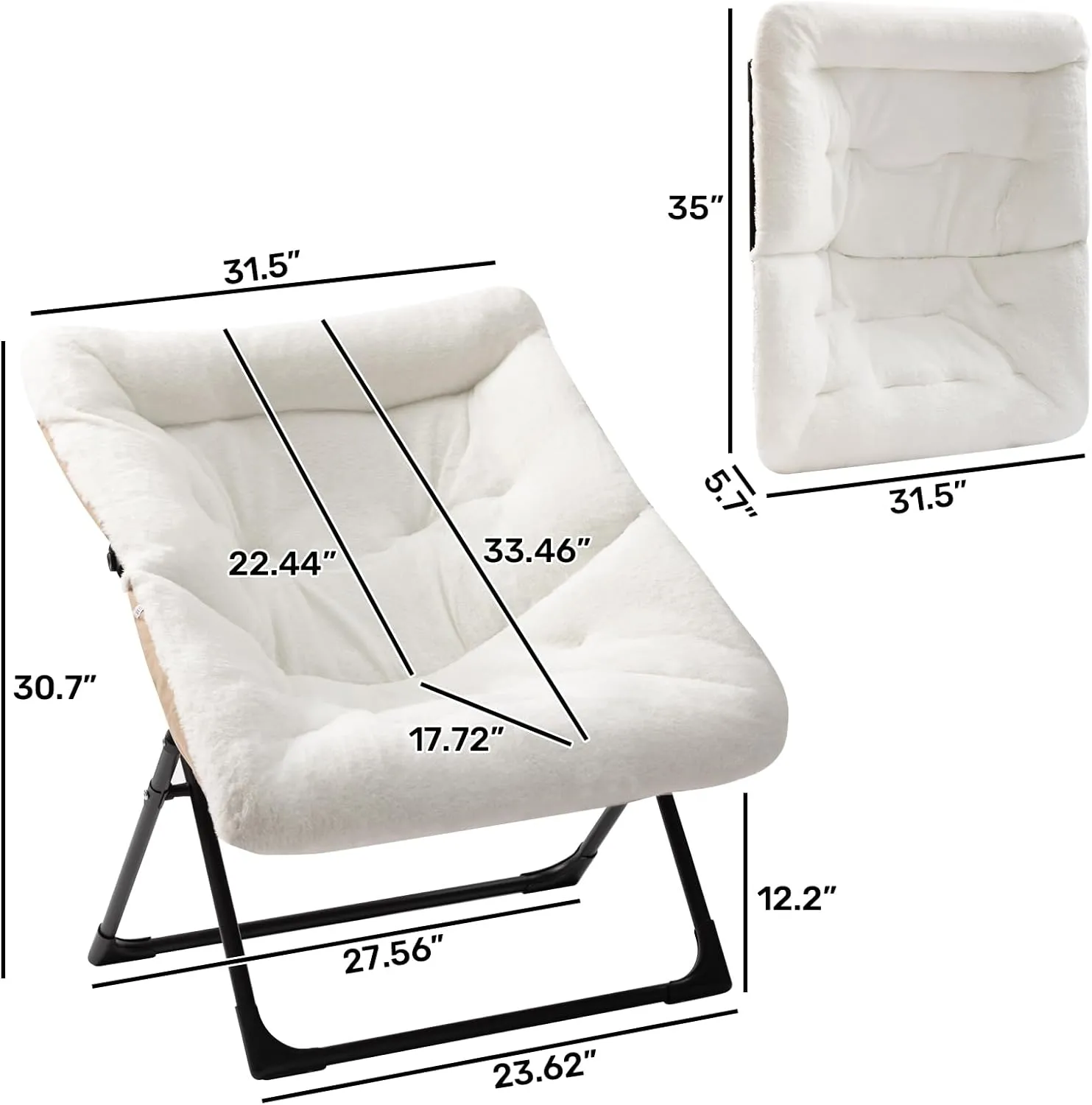 HollyHOME X-Large Saucer Chair, Comfy Oversized Folding Chair, Faux-Fur Reading Chair for Teens, Adults, Foldable Accent Lazy Chair, Metal Frame Lounge Chair for Living Room, Bedroom, Dorm, White
