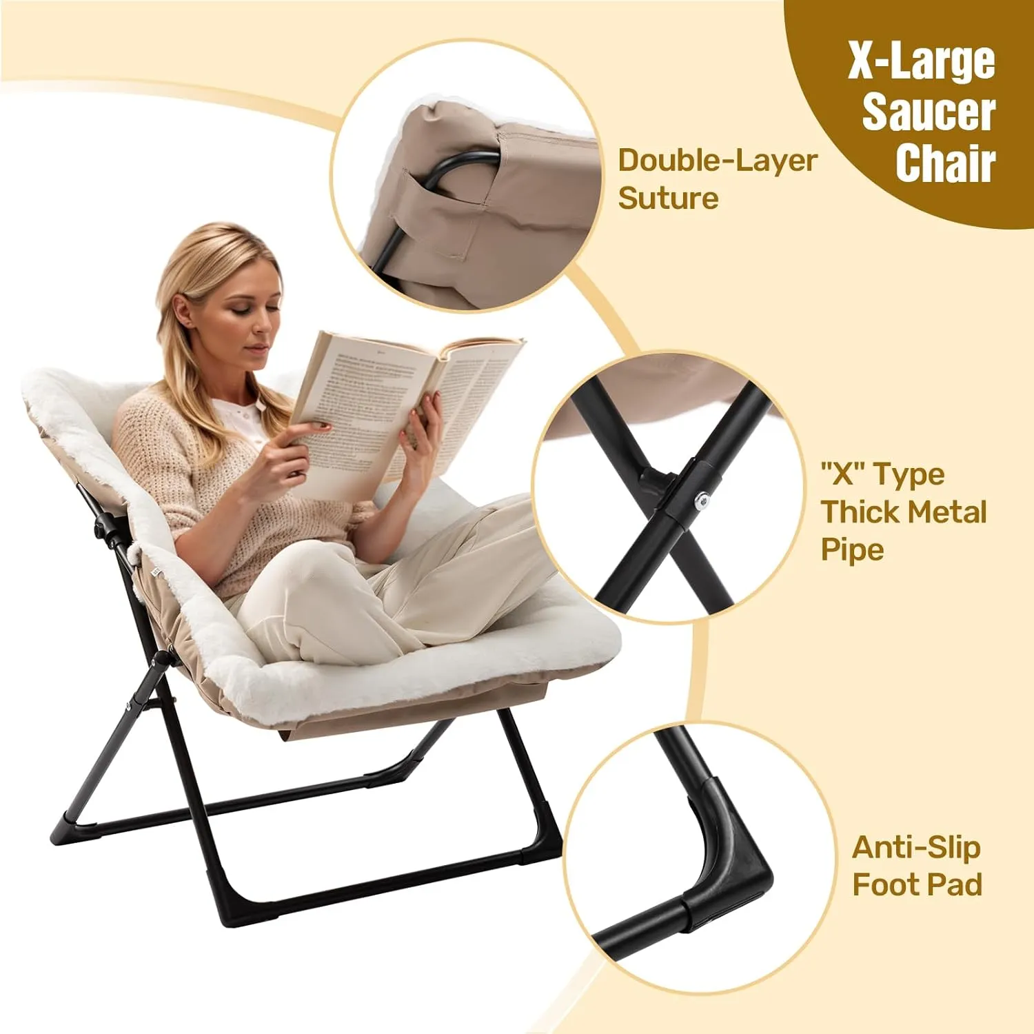 HollyHOME X-Large Saucer Chair, Comfy Oversized Folding Chair, Faux-Fur Reading Chair for Teens, Adults, Foldable Accent Lazy Chair, Metal Frame Lounge Chair for Living Room, Bedroom, Dorm, White