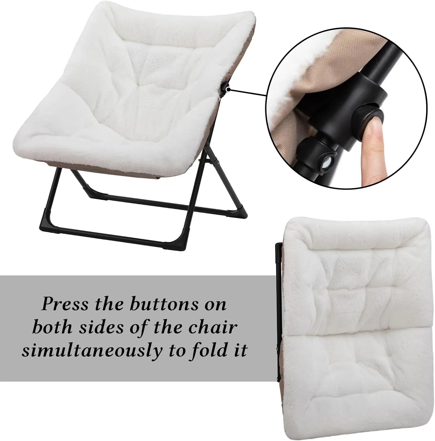 HollyHOME X-Large Saucer Chair, Comfy Oversized Folding Chair, Faux-Fur Reading Chair for Teens, Adults, Foldable Accent Lazy Chair, Metal Frame Lounge Chair for Living Room, Bedroom, Dorm, White