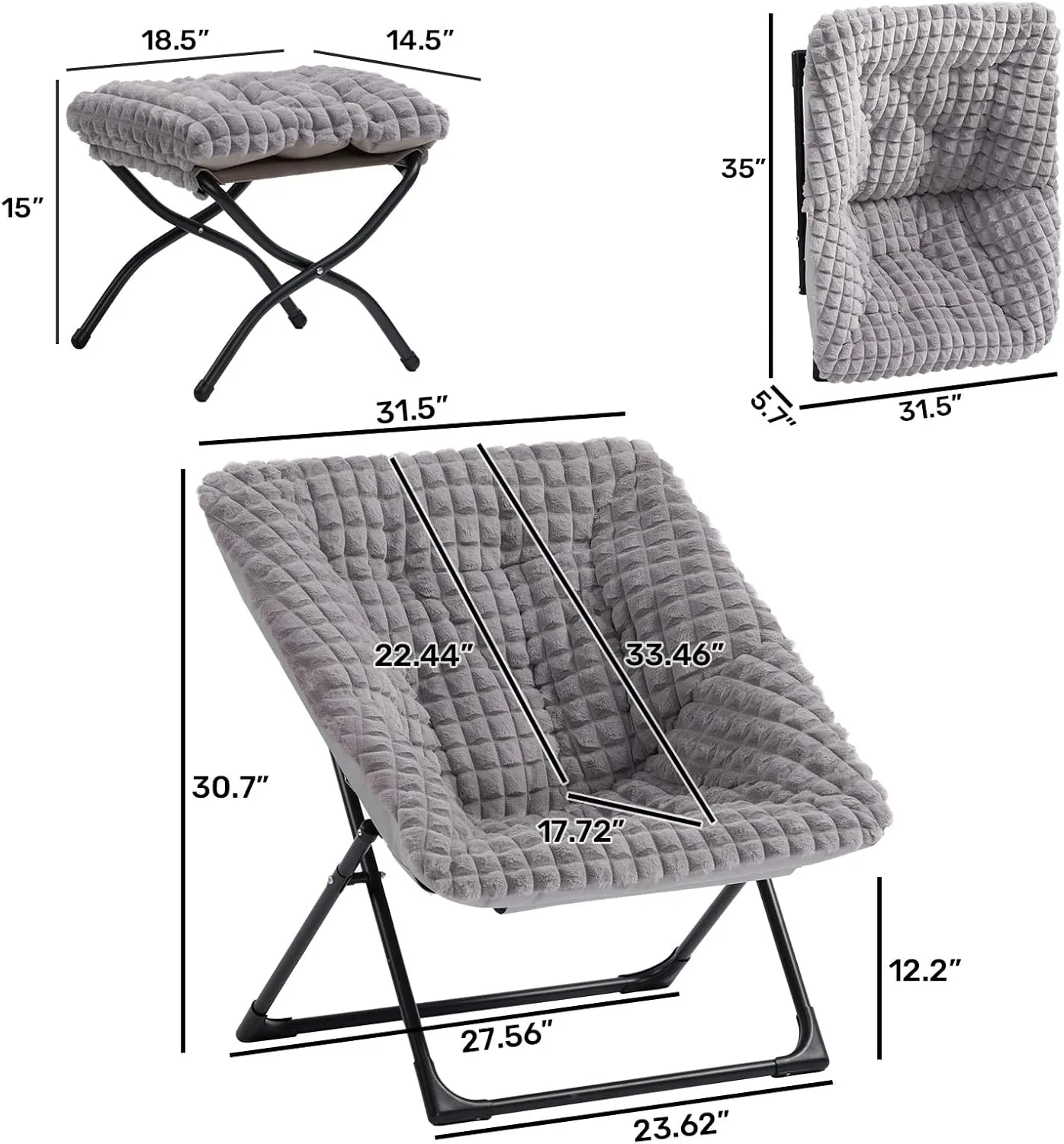 HollyHOME X-Large Saucer Chair with Foldable Ottoman, Comfy Oversized Folding Chair and Folding Footrest Stool Set, Faux-Fur Reading Chair and Footstool for Living Room, Blue&Grey Chair&Stool