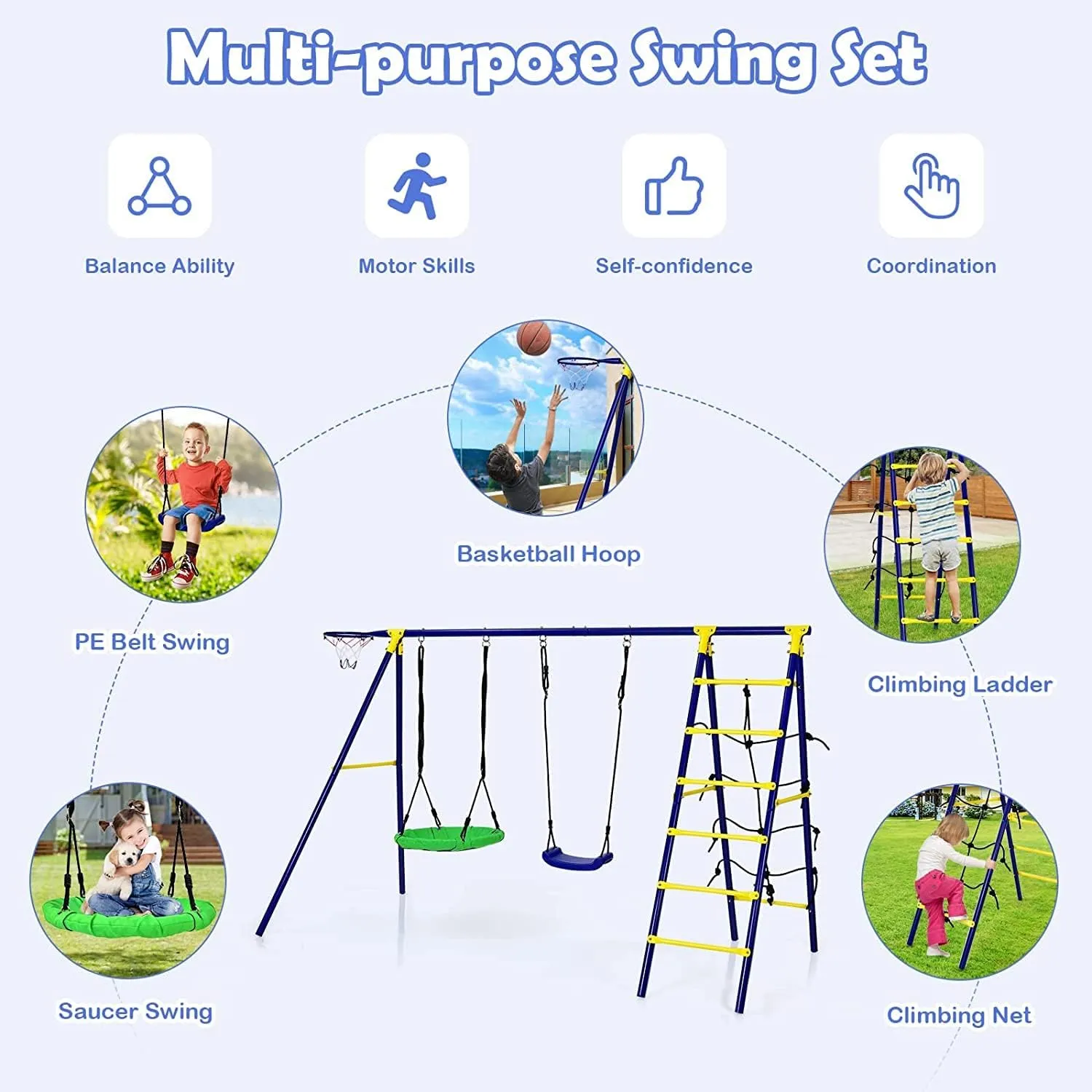 HONEY JOY 550lbs 2 Seat Swing Set with Heavy Duty A-Frame Metal Swing Stand, 5-in-1 Swing Sets for Backyard w/Saucer Swing, Belt Swing, Climbing Net & Ladder, Basketball Hoop, 6 Ground Stakes