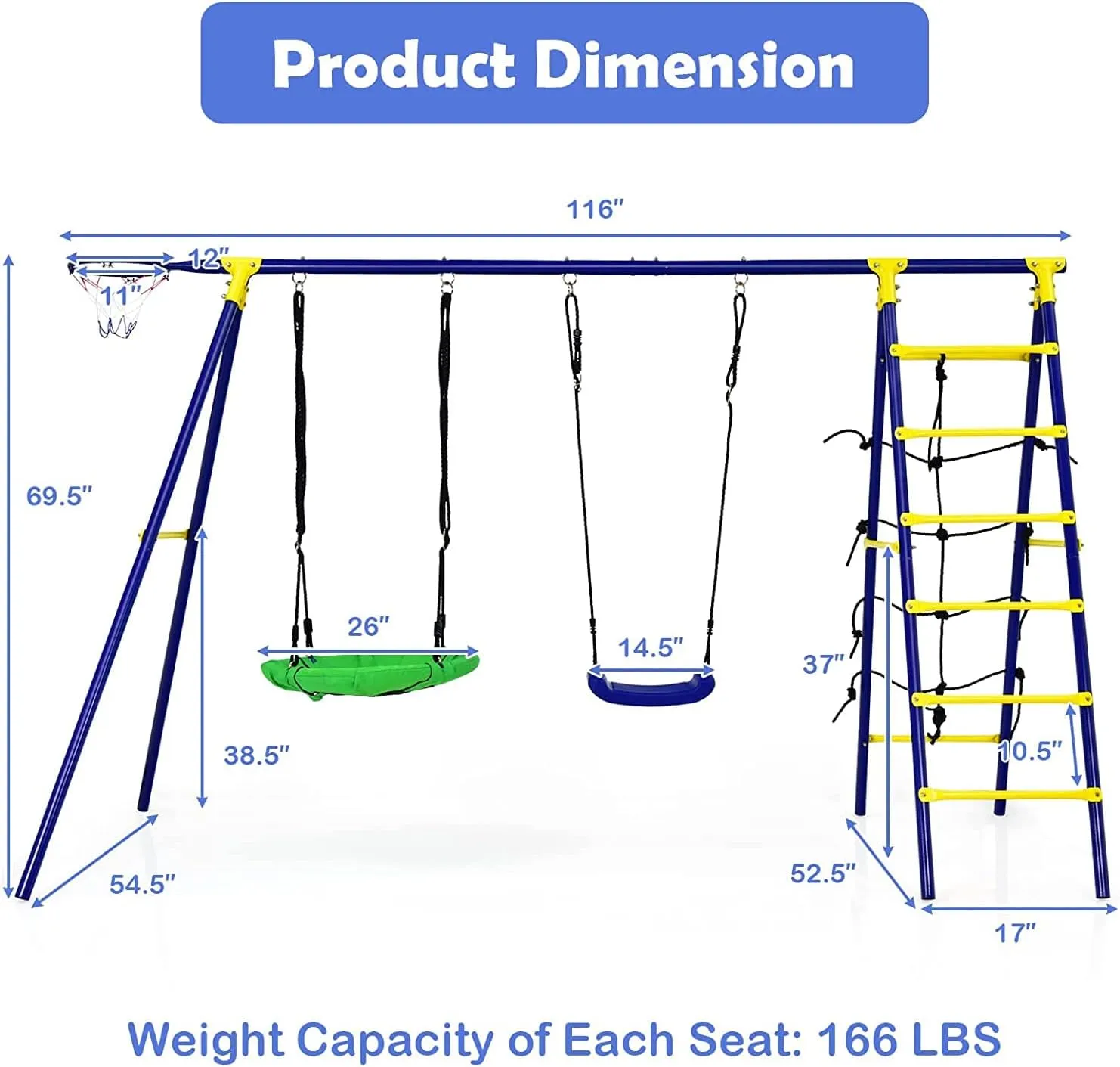 HONEY JOY 550lbs 2 Seat Swing Set with Heavy Duty A-Frame Metal Swing Stand, 5-in-1 Swing Sets for Backyard w/Saucer Swing, Belt Swing, Climbing Net & Ladder, Basketball Hoop, 6 Ground Stakes
