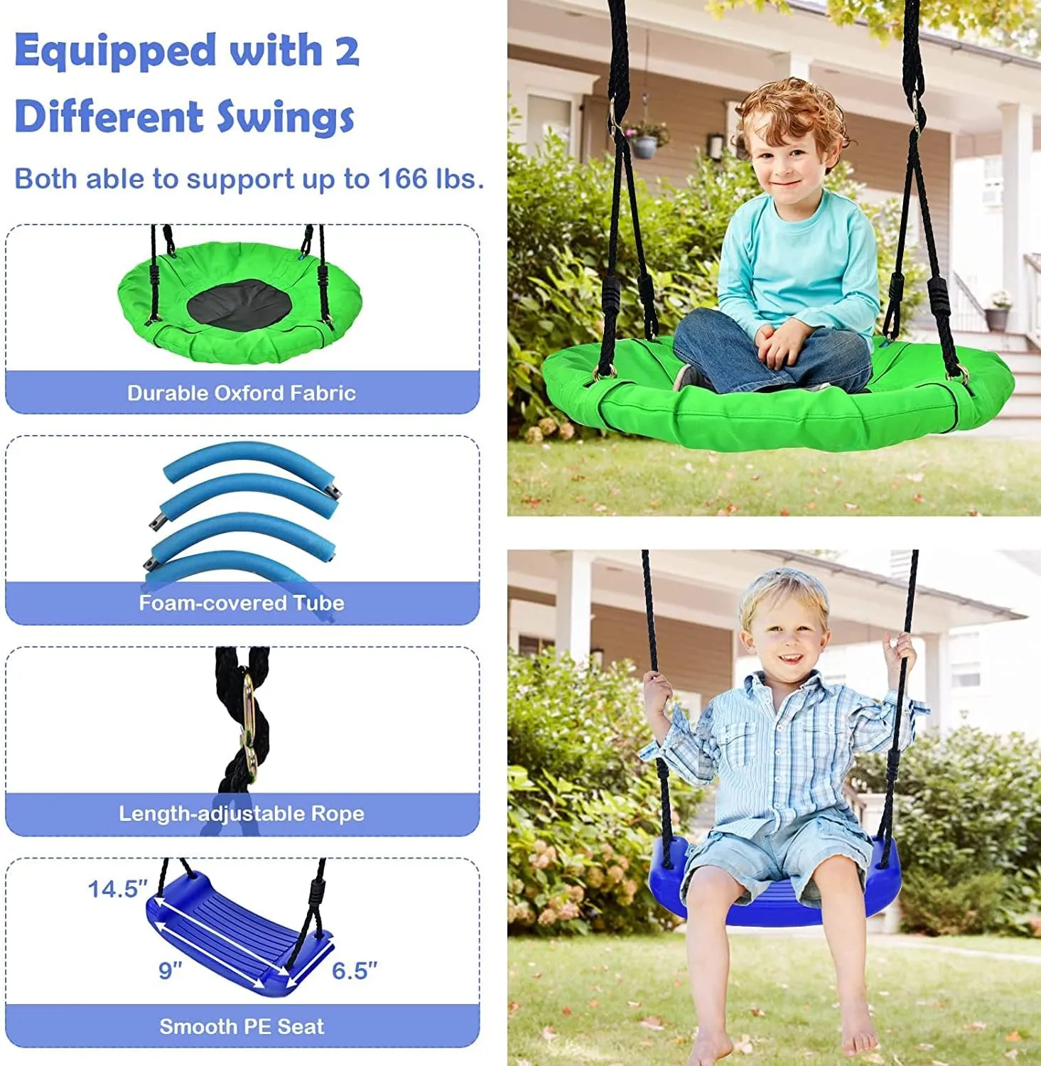 HONEY JOY 550lbs 2 Seat Swing Set with Heavy Duty A-Frame Metal Swing Stand, 5-in-1 Swing Sets for Backyard w/Saucer Swing, Belt Swing, Climbing Net & Ladder, Basketball Hoop, 6 Ground Stakes
