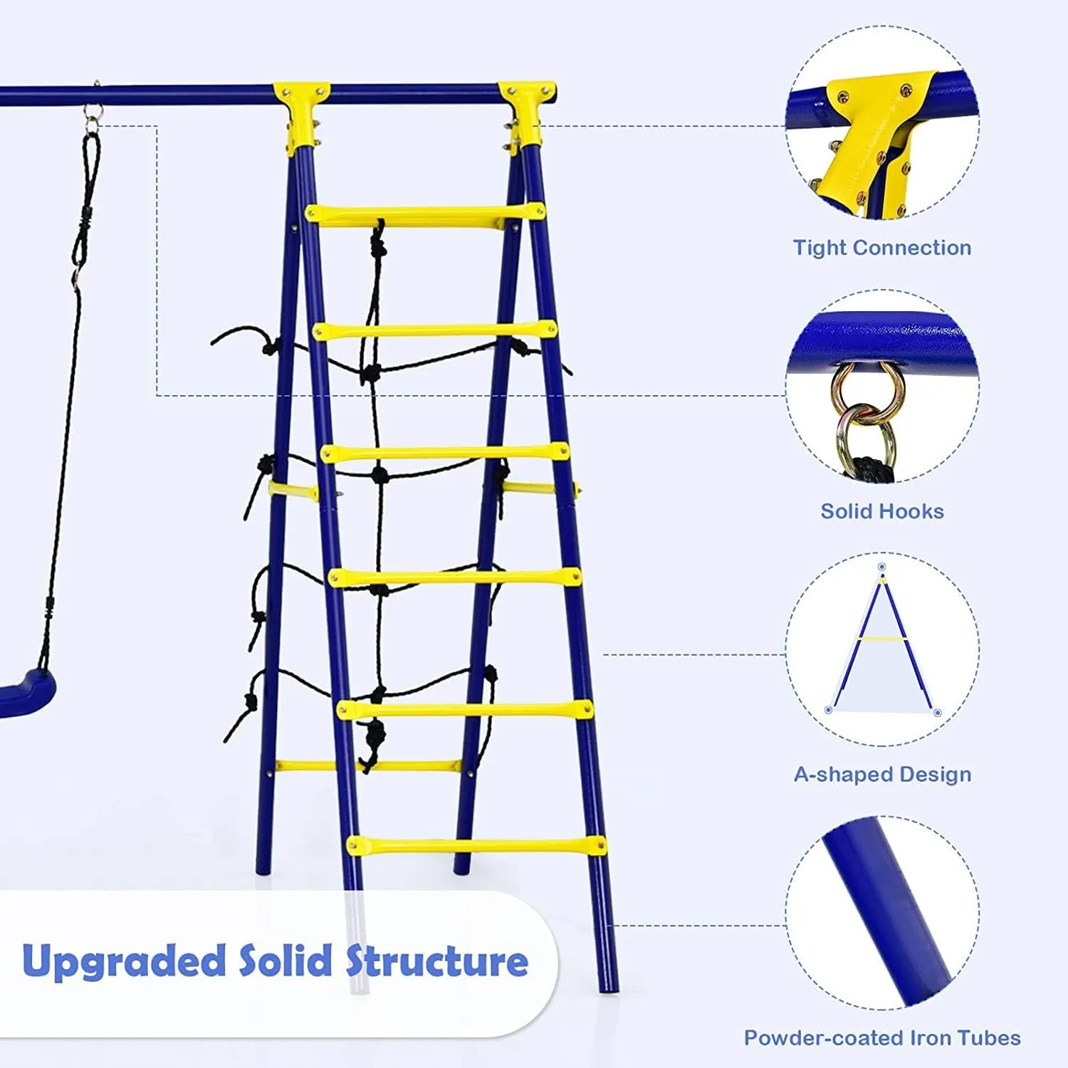 HONEY JOY 550lbs 2 Seat Swing Set with Heavy Duty A-Frame Metal Swing Stand, 5-in-1 Swing Sets for Backyard w/Saucer Swing, Belt Swing, Climbing Net & Ladder, Basketball Hoop, 6 Ground Stakes