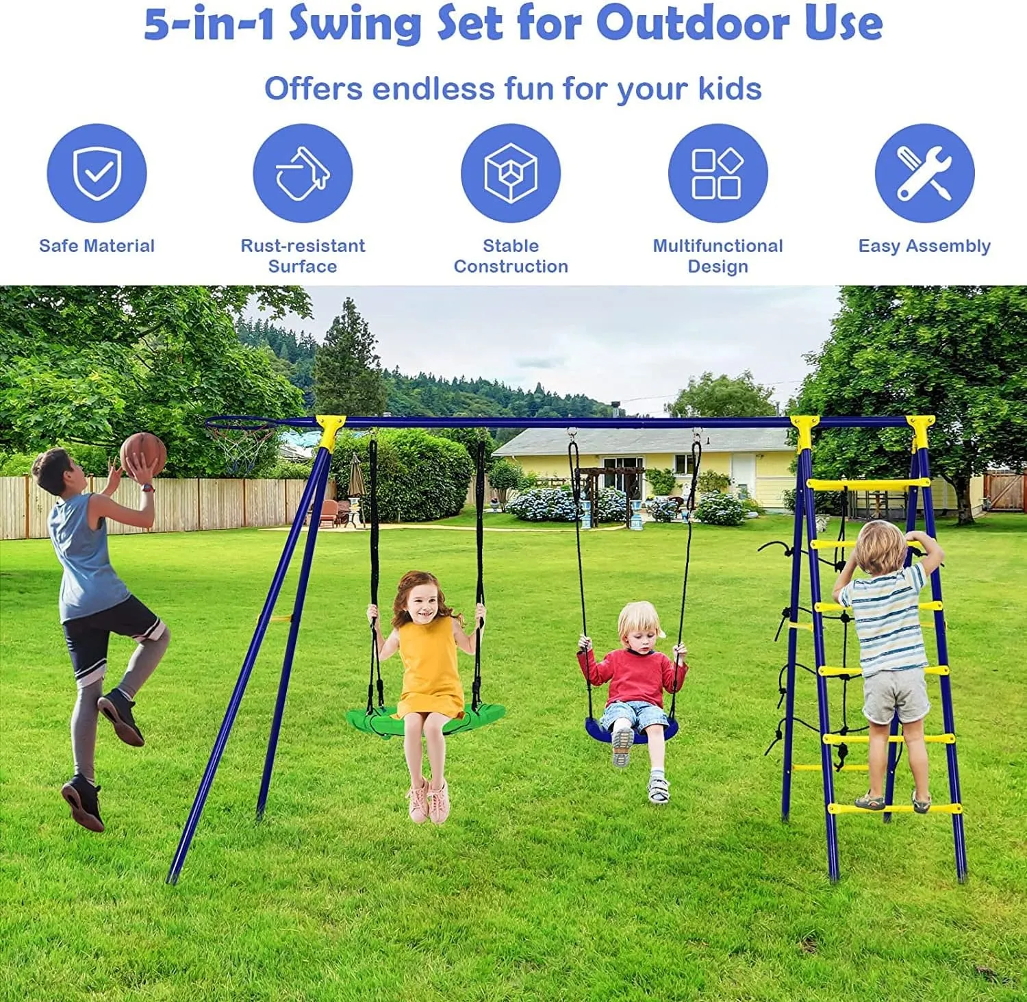 HONEY JOY 550lbs 2 Seat Swing Set with Heavy Duty A-Frame Metal Swing Stand, 5-in-1 Swing Sets for Backyard w/Saucer Swing, Belt Swing, Climbing Net & Ladder, Basketball Hoop, 6 Ground Stakes