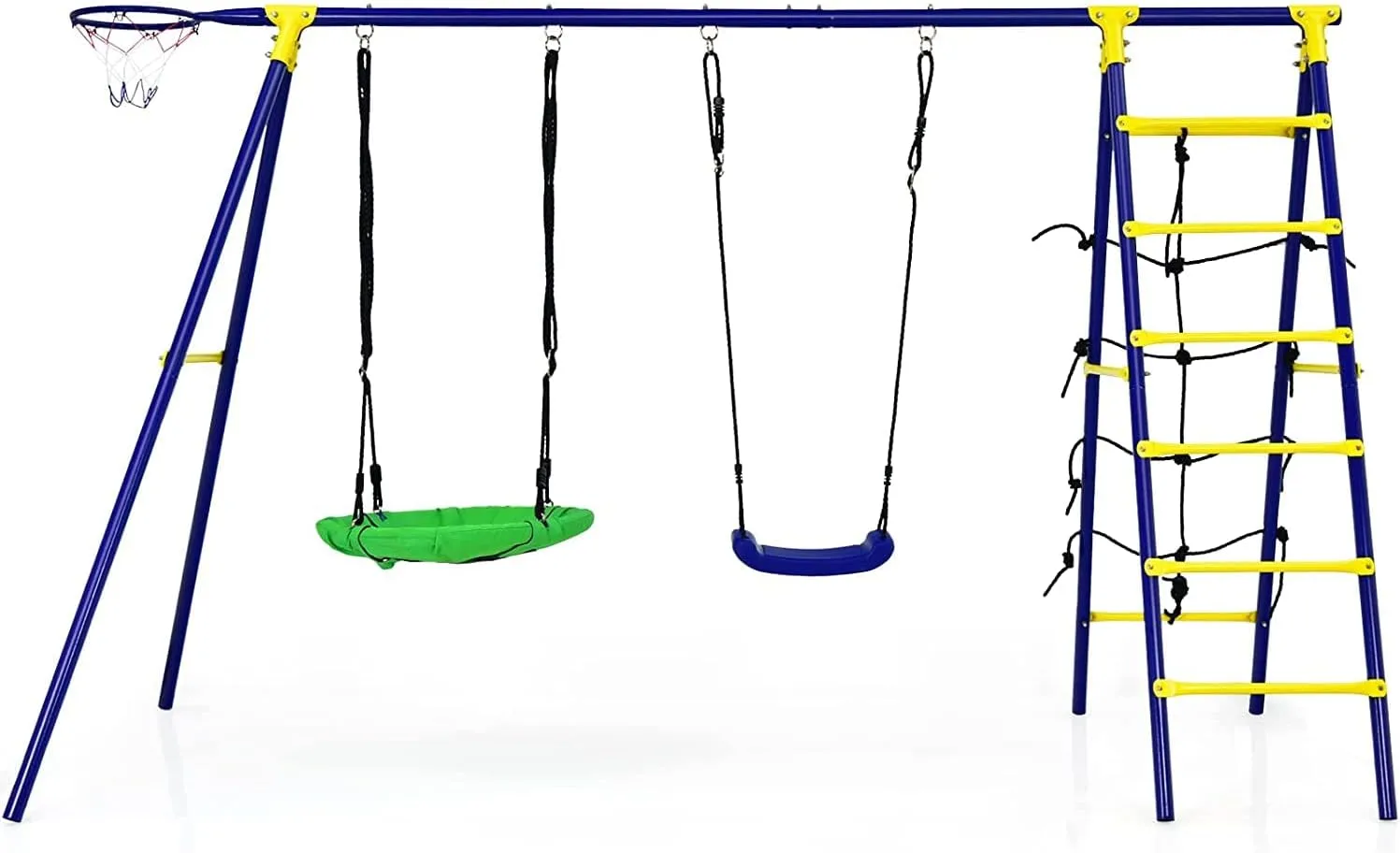 HONEY JOY 550lbs 2 Seat Swing Set with Heavy Duty A-Frame Metal Swing Stand, 5-in-1 Swing Sets for Backyard w/Saucer Swing, Belt Swing, Climbing Net & Ladder, Basketball Hoop, 6 Ground Stakes