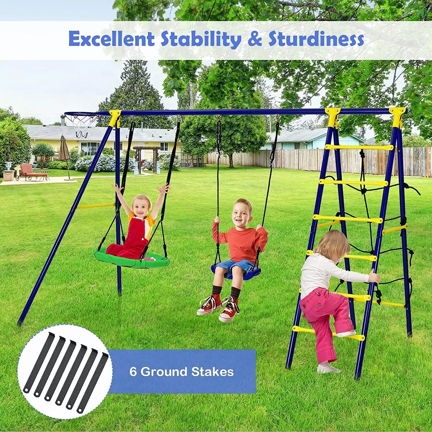 HONEY JOY 550lbs 2 Seat Swing Set with Heavy Duty A-Frame Metal Swing Stand, 5-in-1 Swing Sets for Backyard w/Saucer Swing, Belt Swing, Climbing Net & Ladder, Basketball Hoop, 6 Ground Stakes