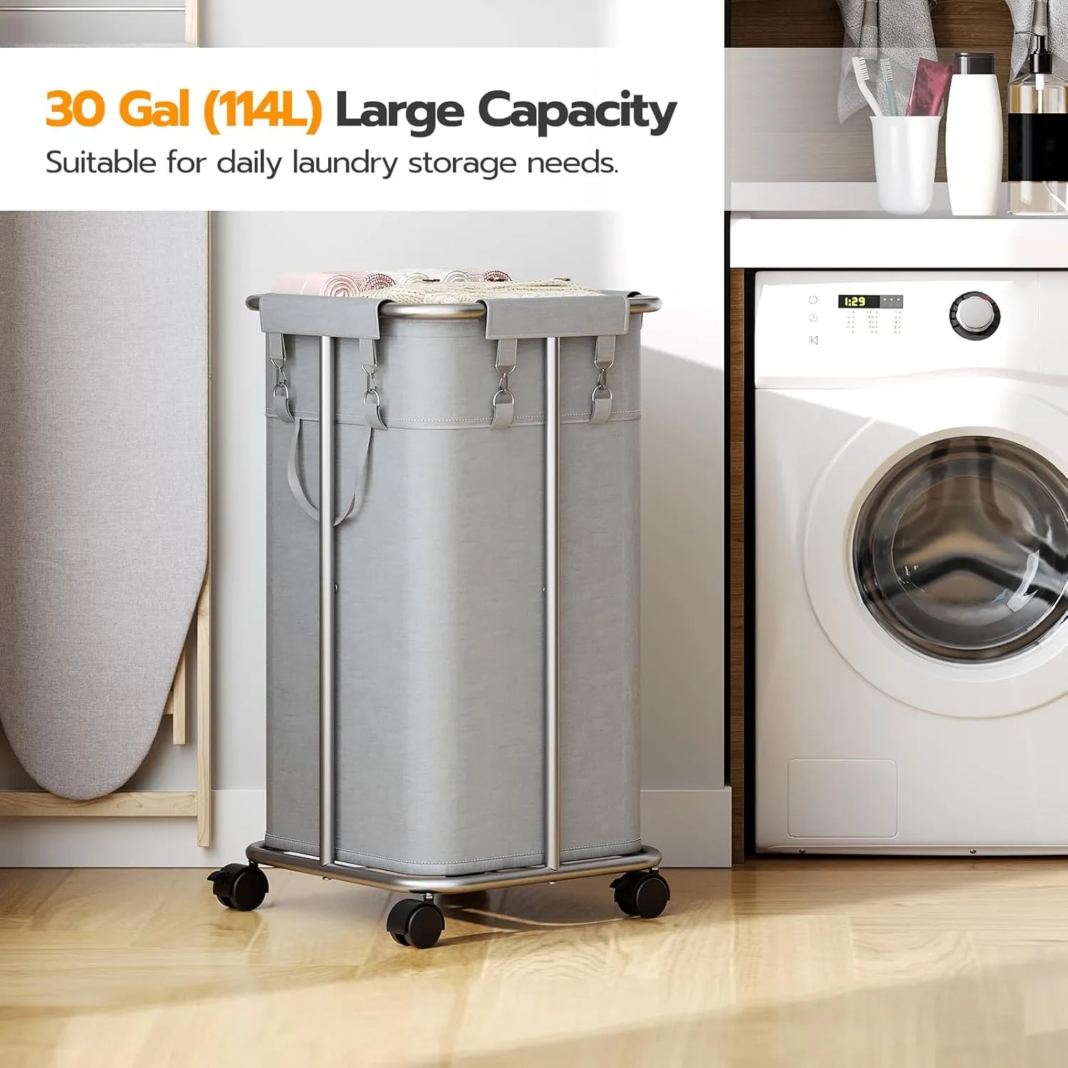 HOOBRO Laundry Basket with Wheels, 30 Gal (114 L) Rolling Laundry Hamper, Oxford Fabric Clothes Hampers, Metal Frame and Removable Bag, for Laundry Room, Dorm Room, Bedroom, Gray and Silver SG06XY01