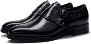 HOOENG Dress Oxford for Men Slip on Double Monk Strap Crocodile Brocaded Round Toe Cowhide Low Top Block Heel Slip Resistant Walk (Color : Black, Size : 8.5)