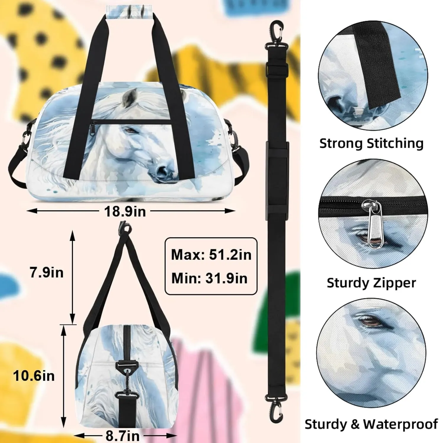 Horse Animal Small Gym Bag 18 inch Carry On Duffel Bag for Weekender Travel Sports Workout Yoga Gymnastics Dance Ballet