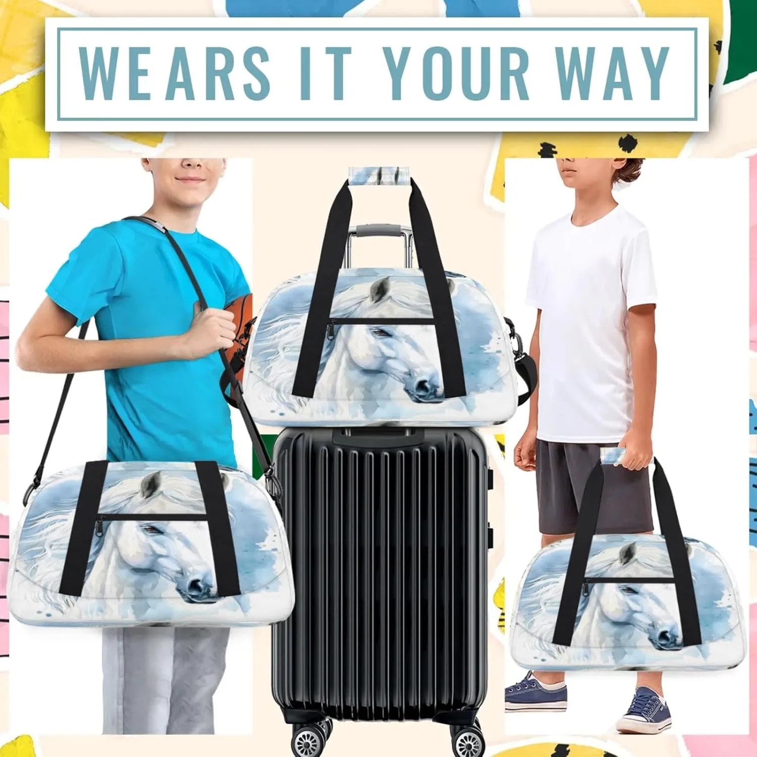 Horse Animal Small Gym Bag 18 inch Carry On Duffel Bag for Weekender Travel Sports Workout Yoga Gymnastics Dance Ballet
