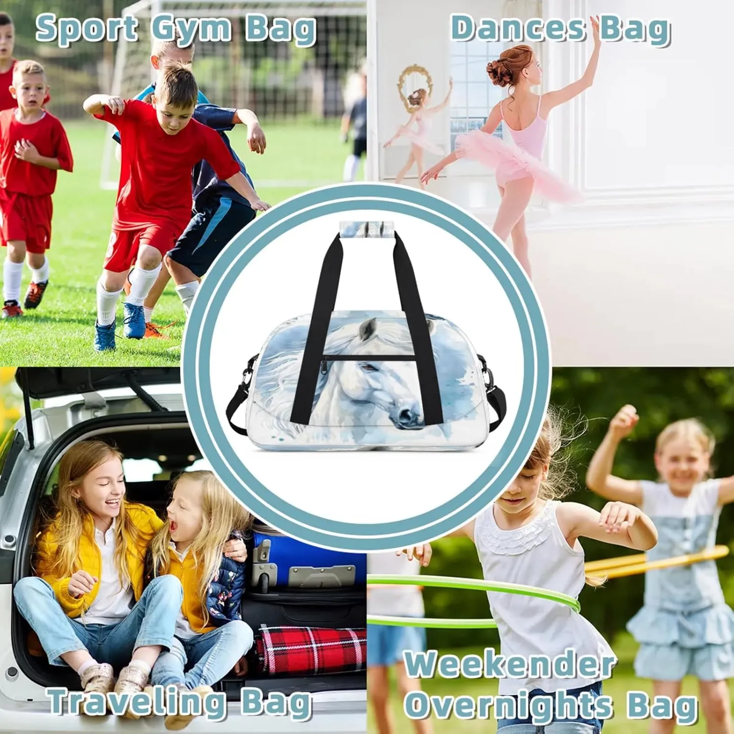 Horse Animal Small Gym Bag 18 inch Carry On Duffel Bag for Weekender Travel Sports Workout Yoga Gymnastics Dance Ballet