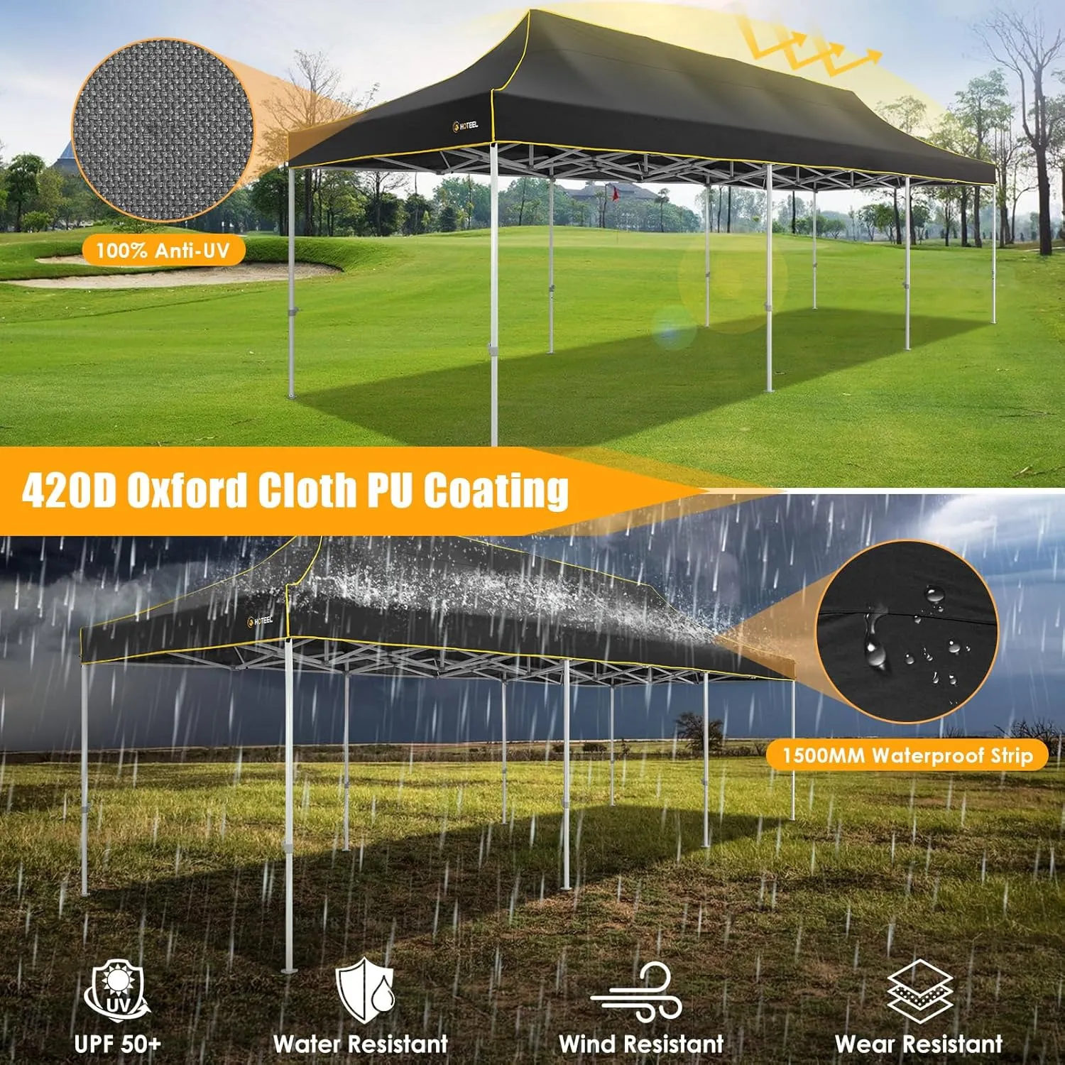 HOTEEL 10x30 Heavy Duty Pop Up Canopy Tent for Parties Event Wedding Commercial Instant Canopy with Wheeled Bag, Party Tent Waterproof UV 50 &Windproof, Upgraded Thick Hexagonal Legs, Black