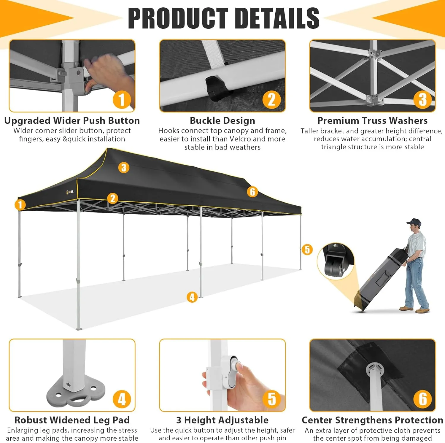 HOTEEL 10x30 Heavy Duty Pop Up Canopy Tent for Parties Event Wedding Commercial Instant Canopy with Wheeled Bag, Party Tent Waterproof UV 50 &Windproof, Upgraded Thick Hexagonal Legs, Black