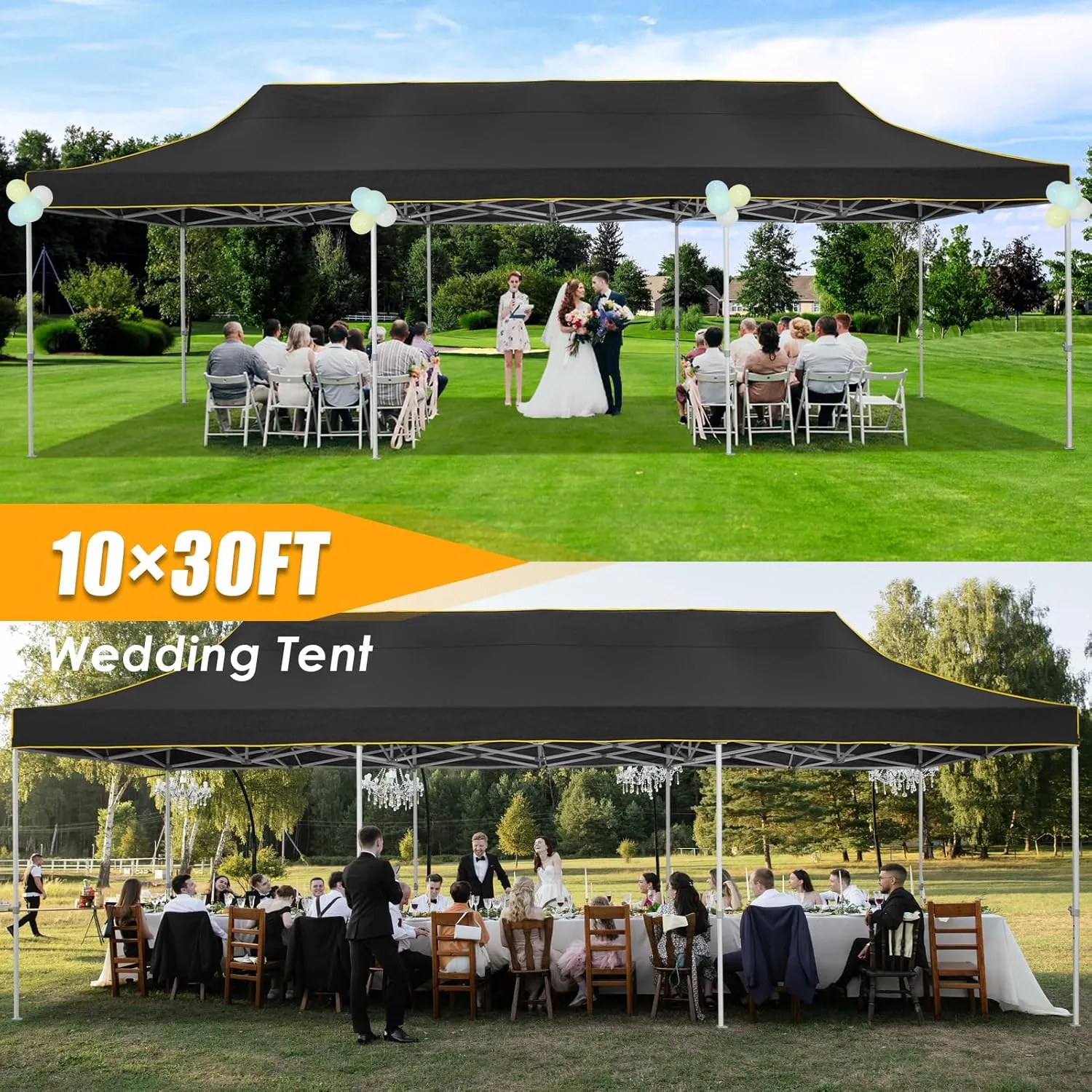 HOTEEL 10x30 Heavy Duty Pop Up Canopy Tent for Parties Event Wedding Commercial Instant Canopy with Wheeled Bag, Party Tent Waterproof UV 50 &Windproof, Upgraded Thick Hexagonal Legs, Black