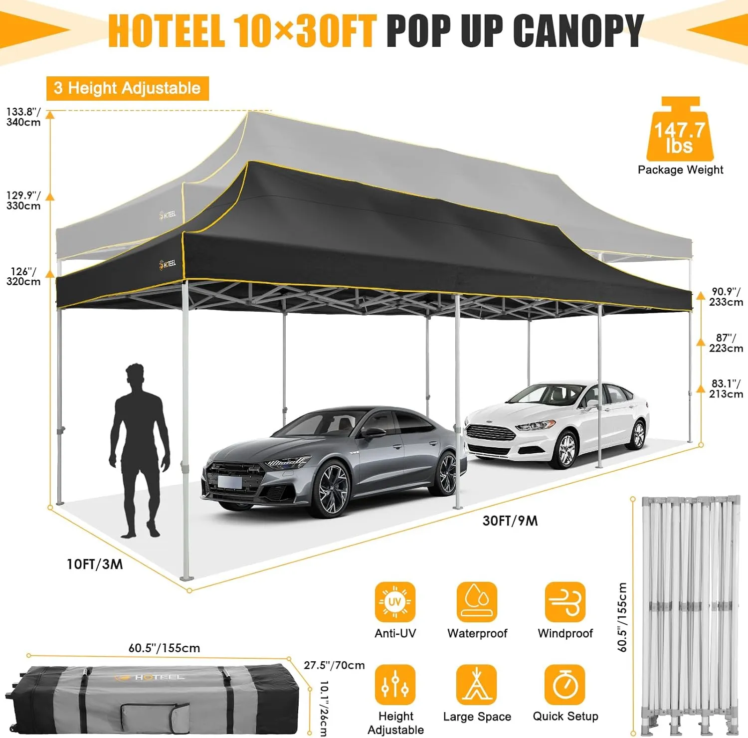 HOTEEL 10x30 Heavy Duty Pop Up Canopy Tent for Parties Event Wedding Commercial Instant Canopy with Wheeled Bag, Party Tent Waterproof UV 50 &Windproof, Upgraded Thick Hexagonal Legs, Black