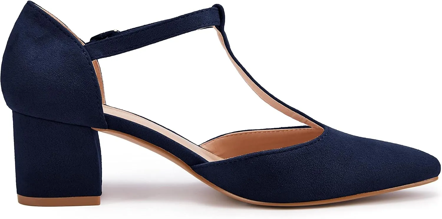 Huiyuzhi Women's T-Strap Pointed Toe Ankle Buckle Chunky Block Heel Pumps