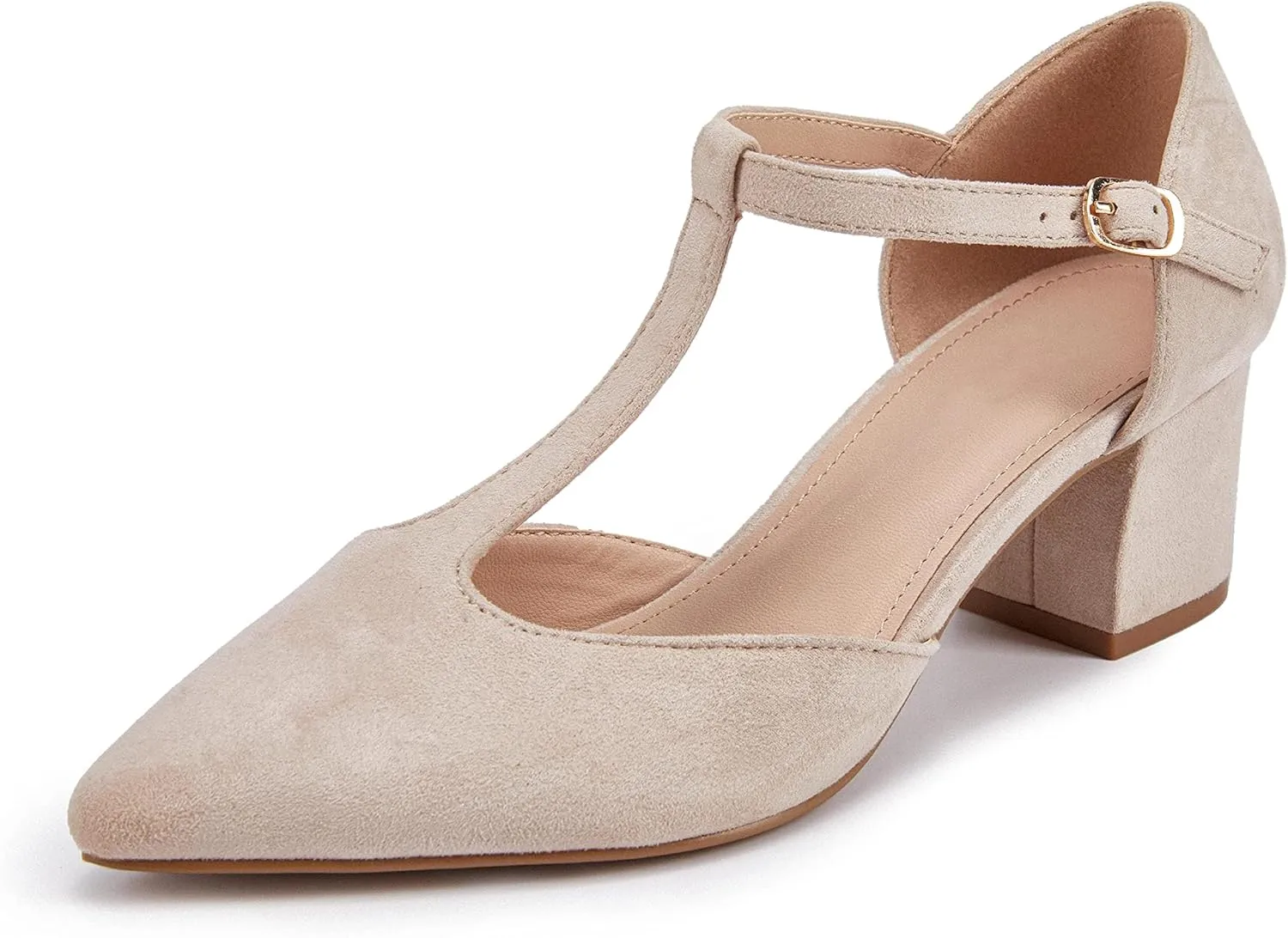 Huiyuzhi Women's T-Strap Pointed Toe Ankle Buckle Chunky Block Heel Pumps