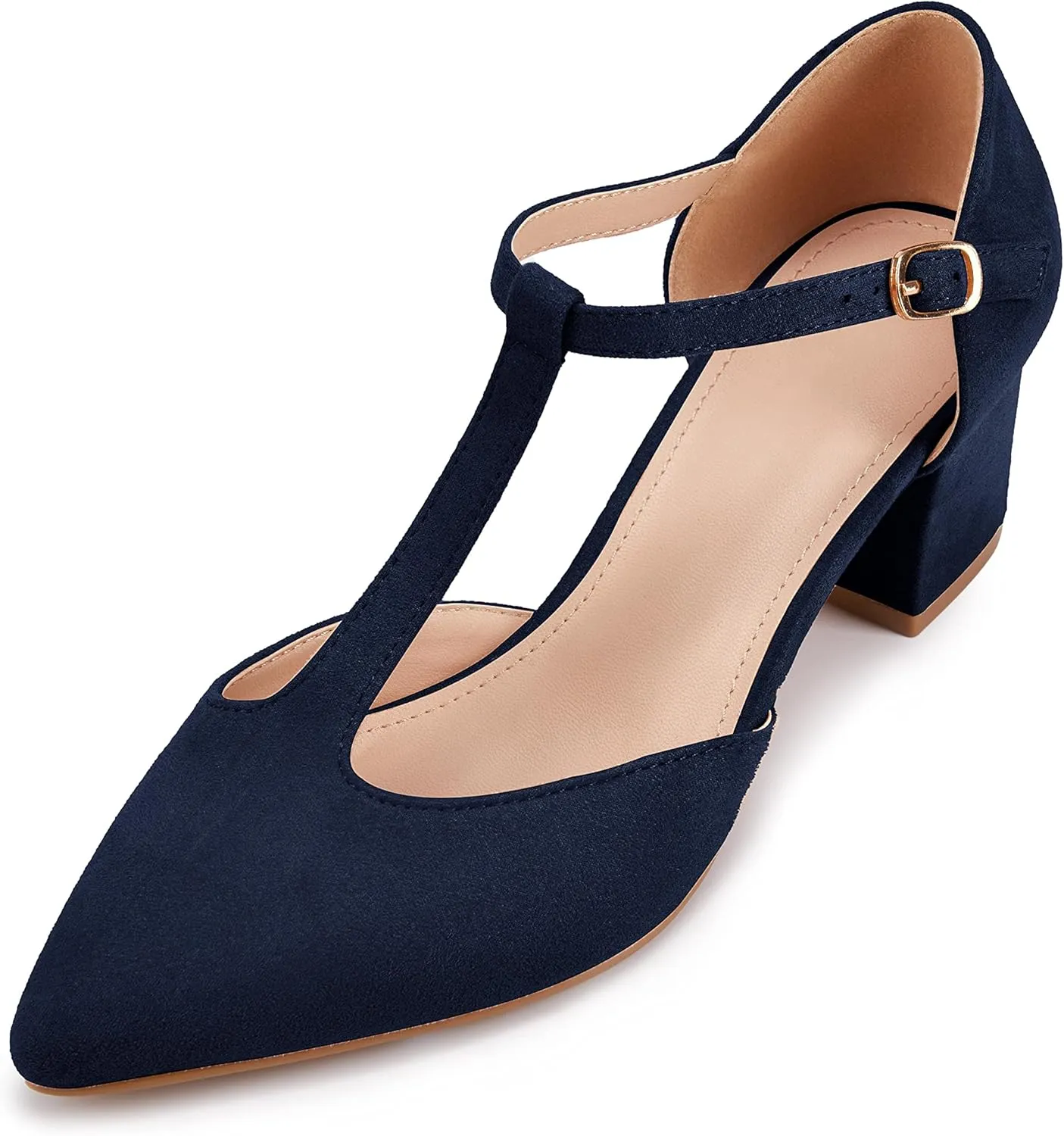 Huiyuzhi Women's T-Strap Pointed Toe Ankle Buckle Chunky Block Heel Pumps