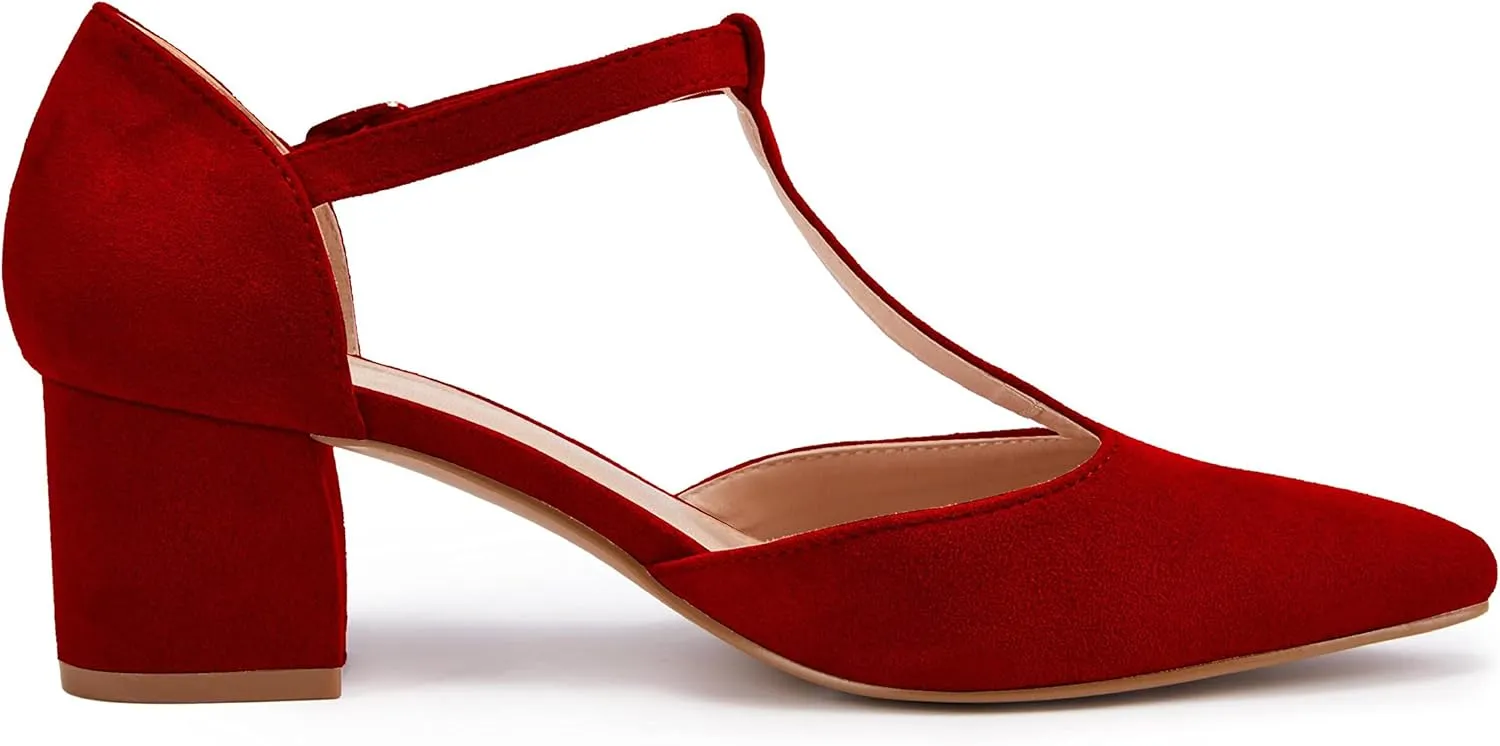Huiyuzhi Women's T-Strap Pointed Toe Ankle Buckle Chunky Block Heel Pumps