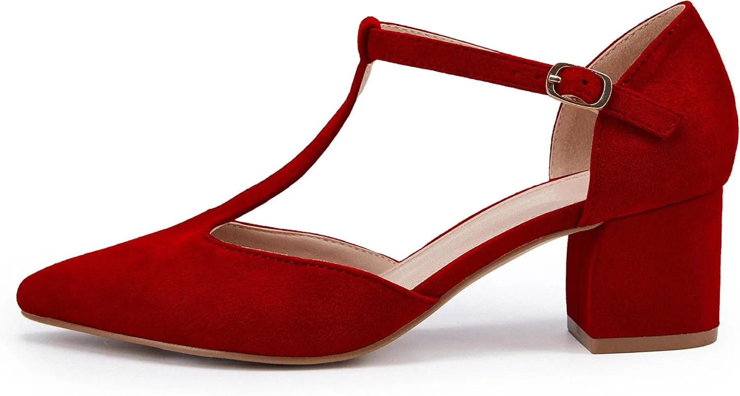 Huiyuzhi Women's T-Strap Pointed Toe Ankle Buckle Chunky Block Heel Pumps